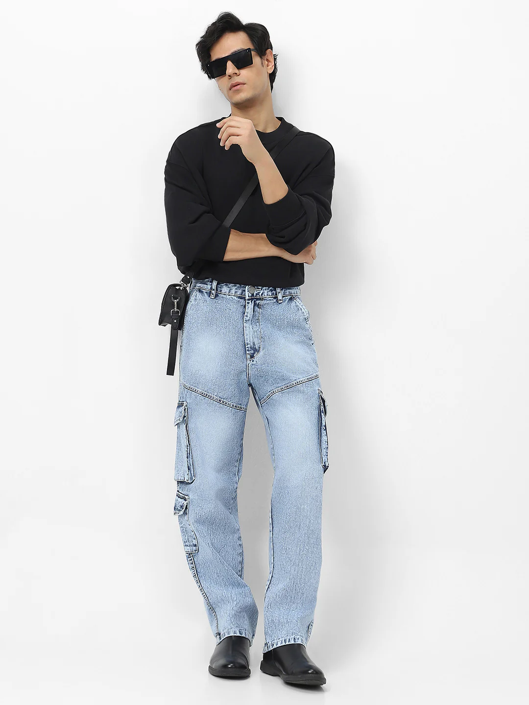 Men's Ice Blue Loose Baggy Fit Washed Cargo Jeans with 7 Pockets Non-Stretchable - Image 5