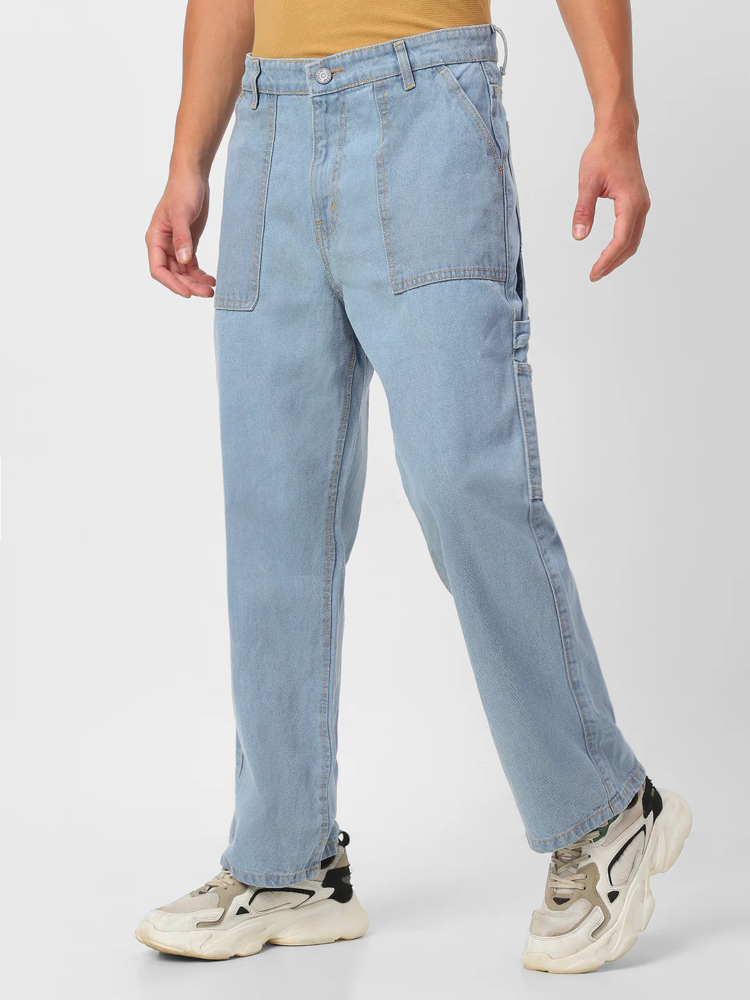 Men's Ice Blue Loose Fit Cargo Carpenter Jeans With 6 Pockets Non-Stretchable - Image 2