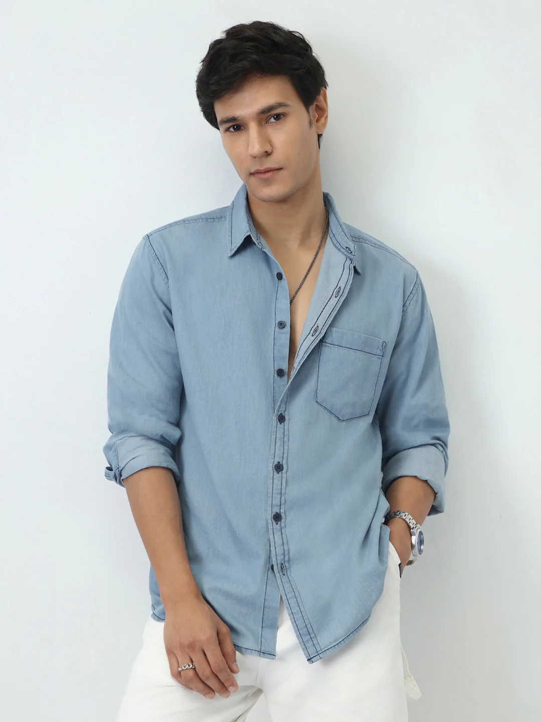 Men's Ice Blue Regular Fit Full Sleeve Solid Denim Shirt