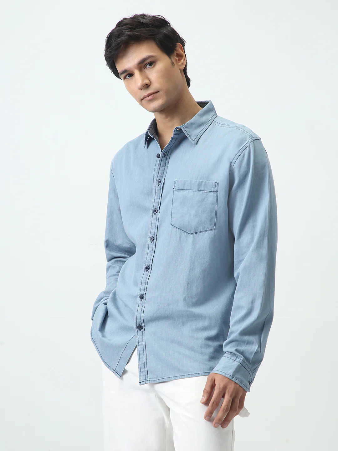 Men's Ice Blue Regular Fit Full Sleeve Solid Denim Shirt - Image 2