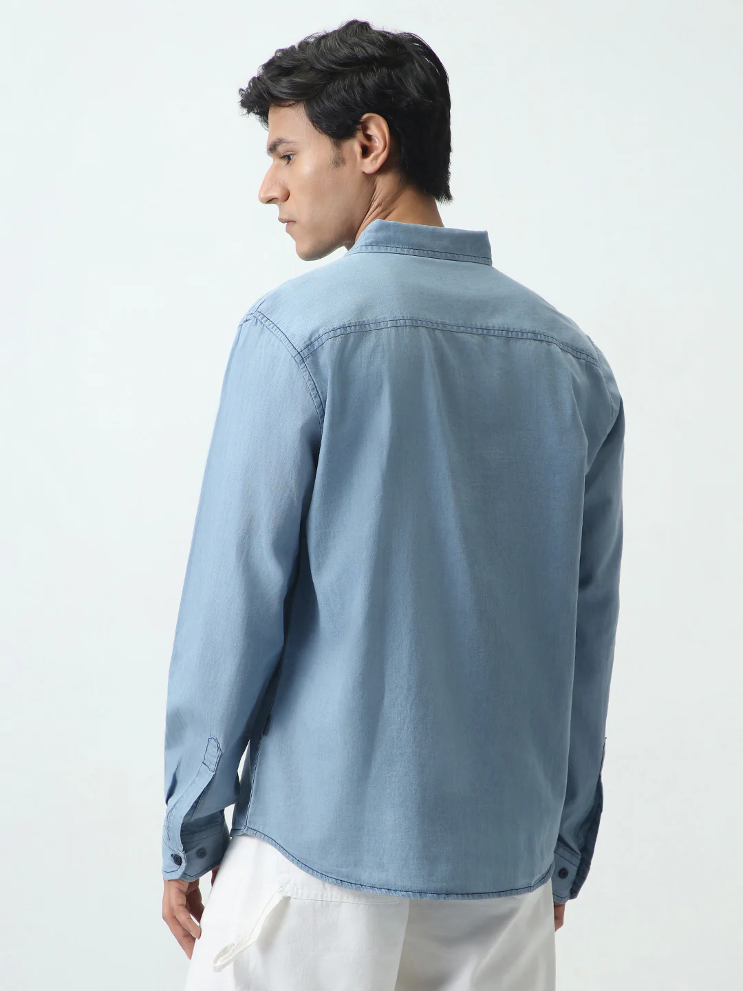 Men's Ice Blue Regular Fit Full Sleeve Solid Denim Shirt - Image 3