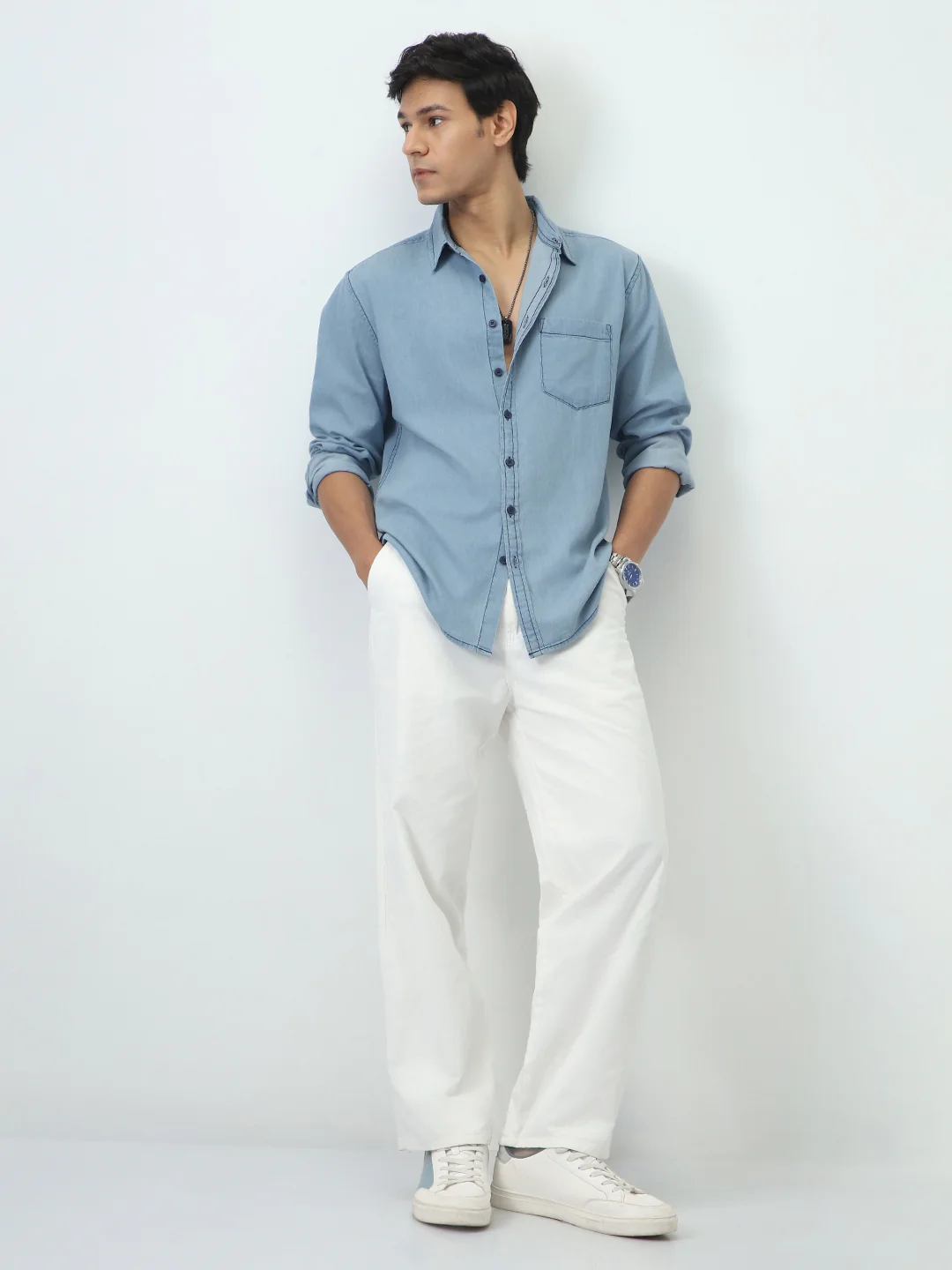 Men's Ice Blue Regular Fit Full Sleeve Solid Denim Shirt - Image 4