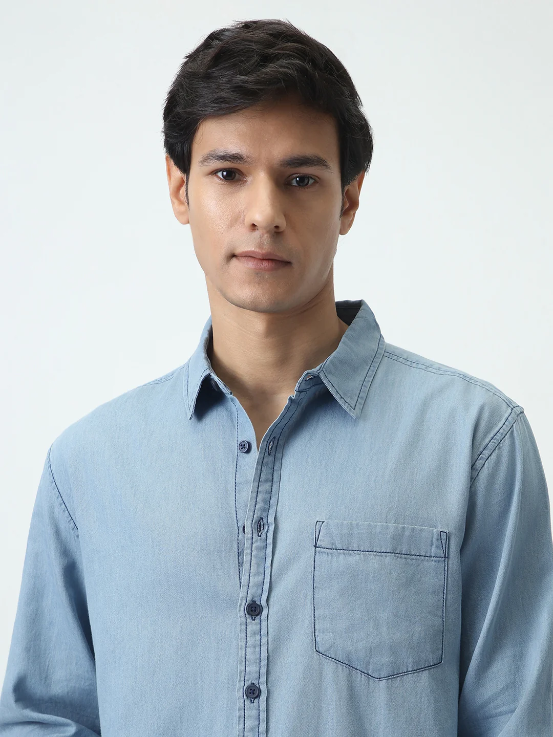 Men's Ice Blue Regular Fit Full Sleeve Solid Denim Shirt - Image 5