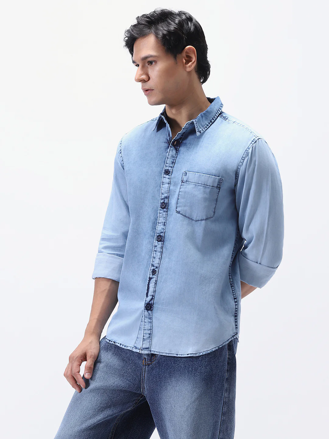 Men's Ice Blue Regular Fit Full Sleeve Washed Denim Shirt - Image 2