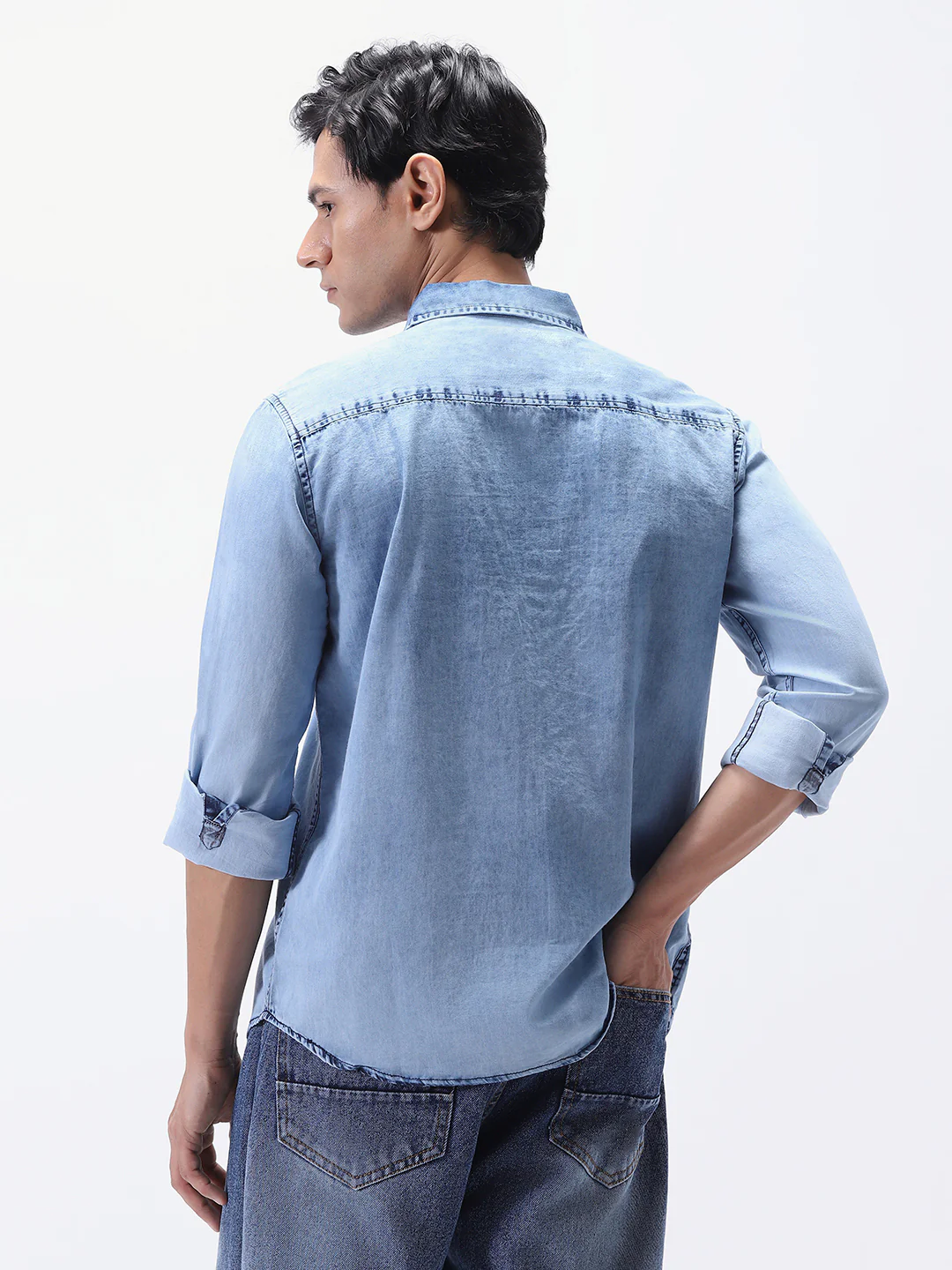 Men's Ice Blue Regular Fit Full Sleeve Washed Denim Shirt - Image 3