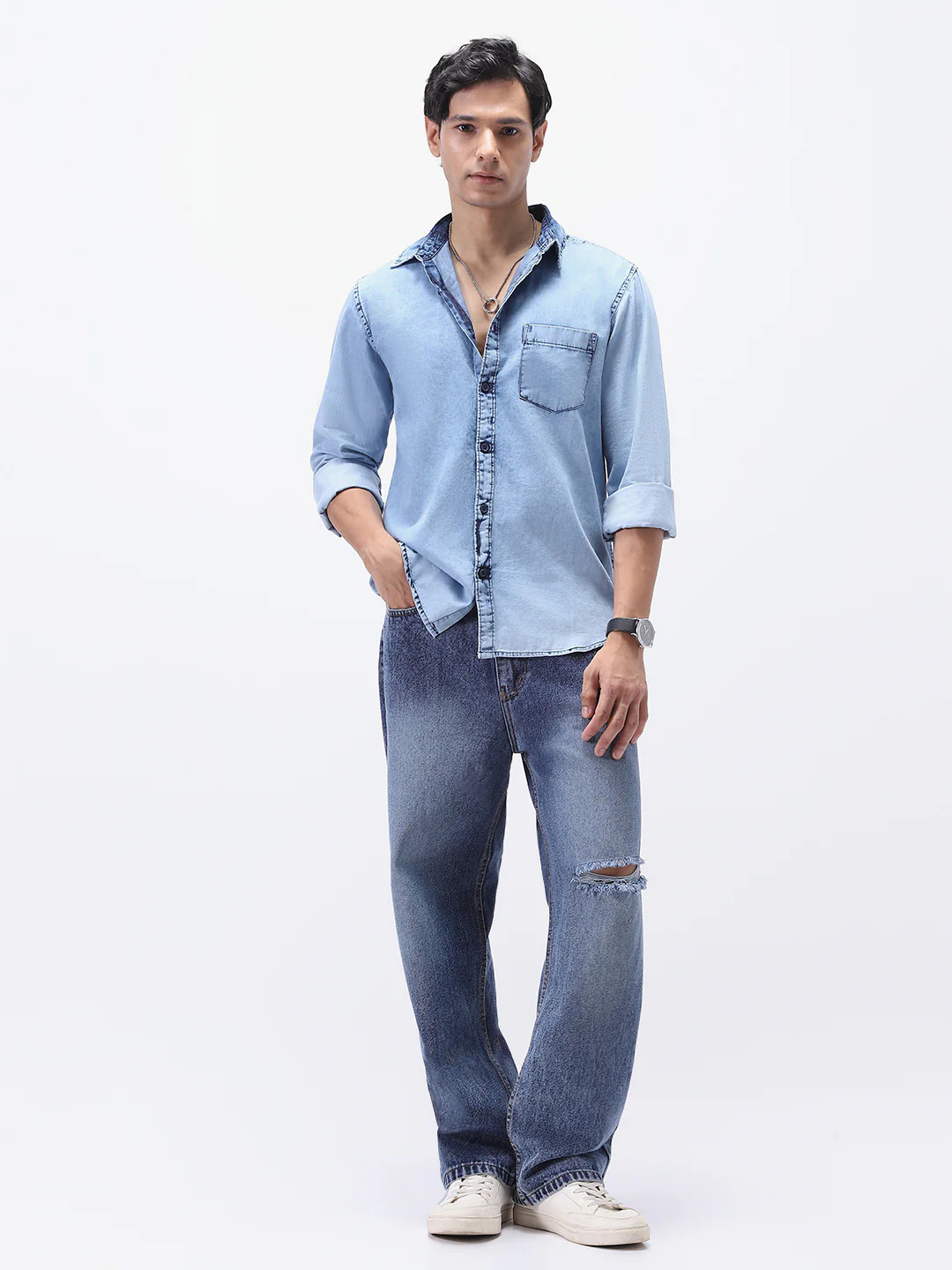 Men's Ice Blue Regular Fit Full Sleeve Washed Denim Shirt - Image 4