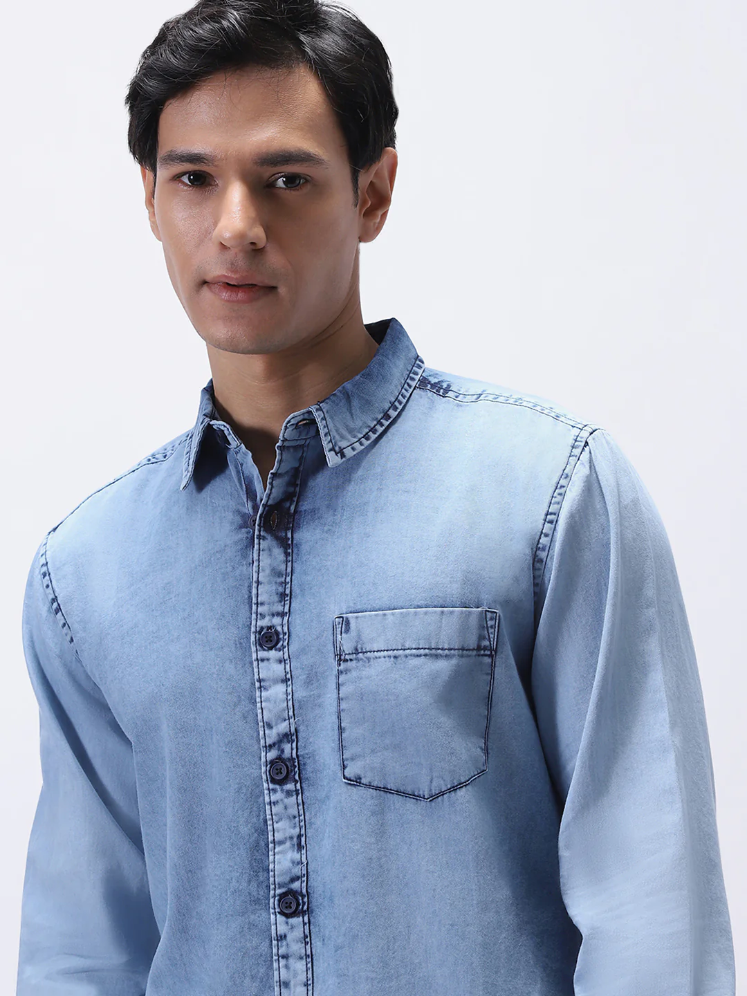 Men's Ice Blue Regular Fit Full Sleeve Washed Denim Shirt - Image 5