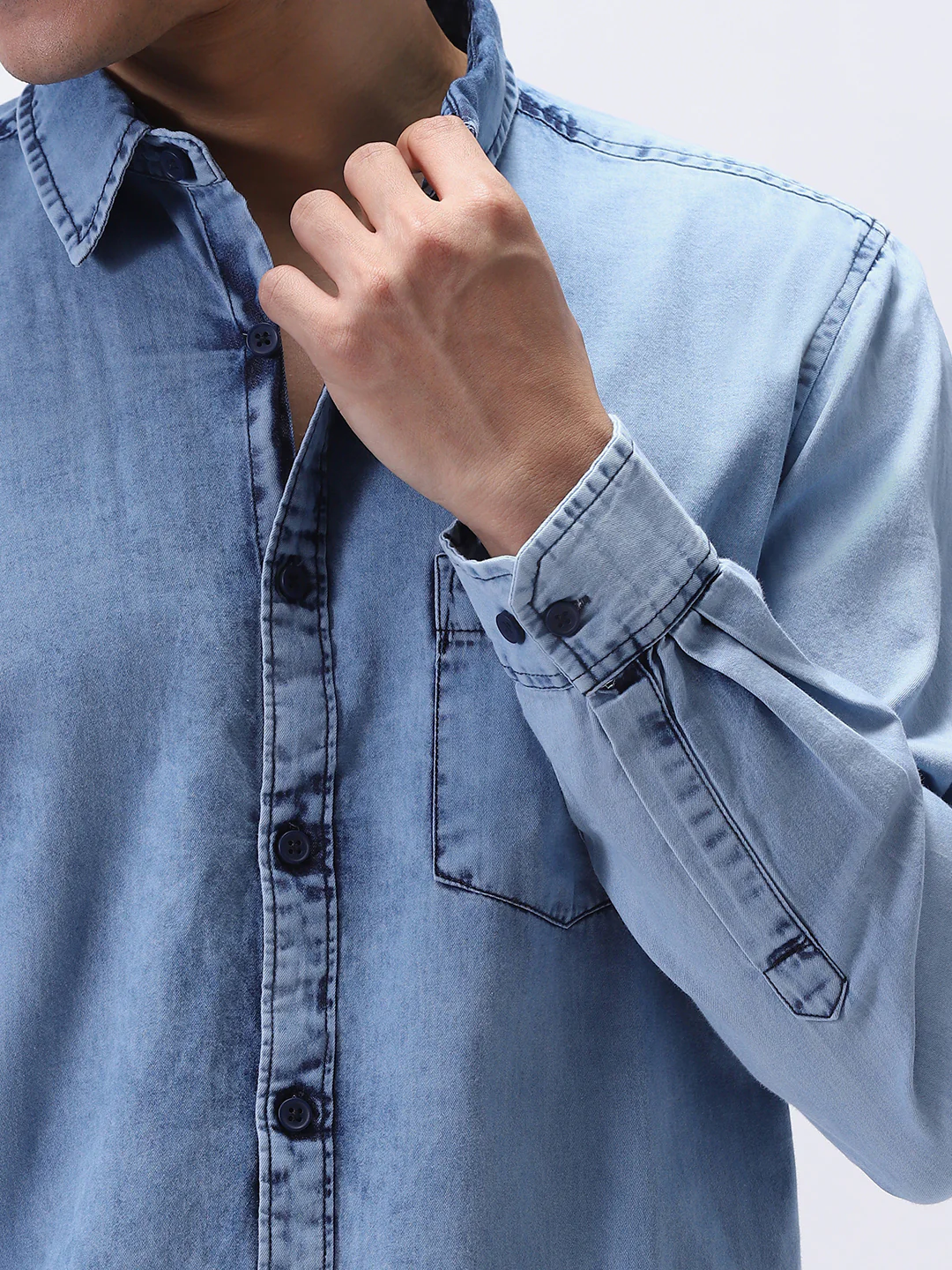 Men's Ice Blue Regular Fit Full Sleeve Washed Denim Shirt - Image 6