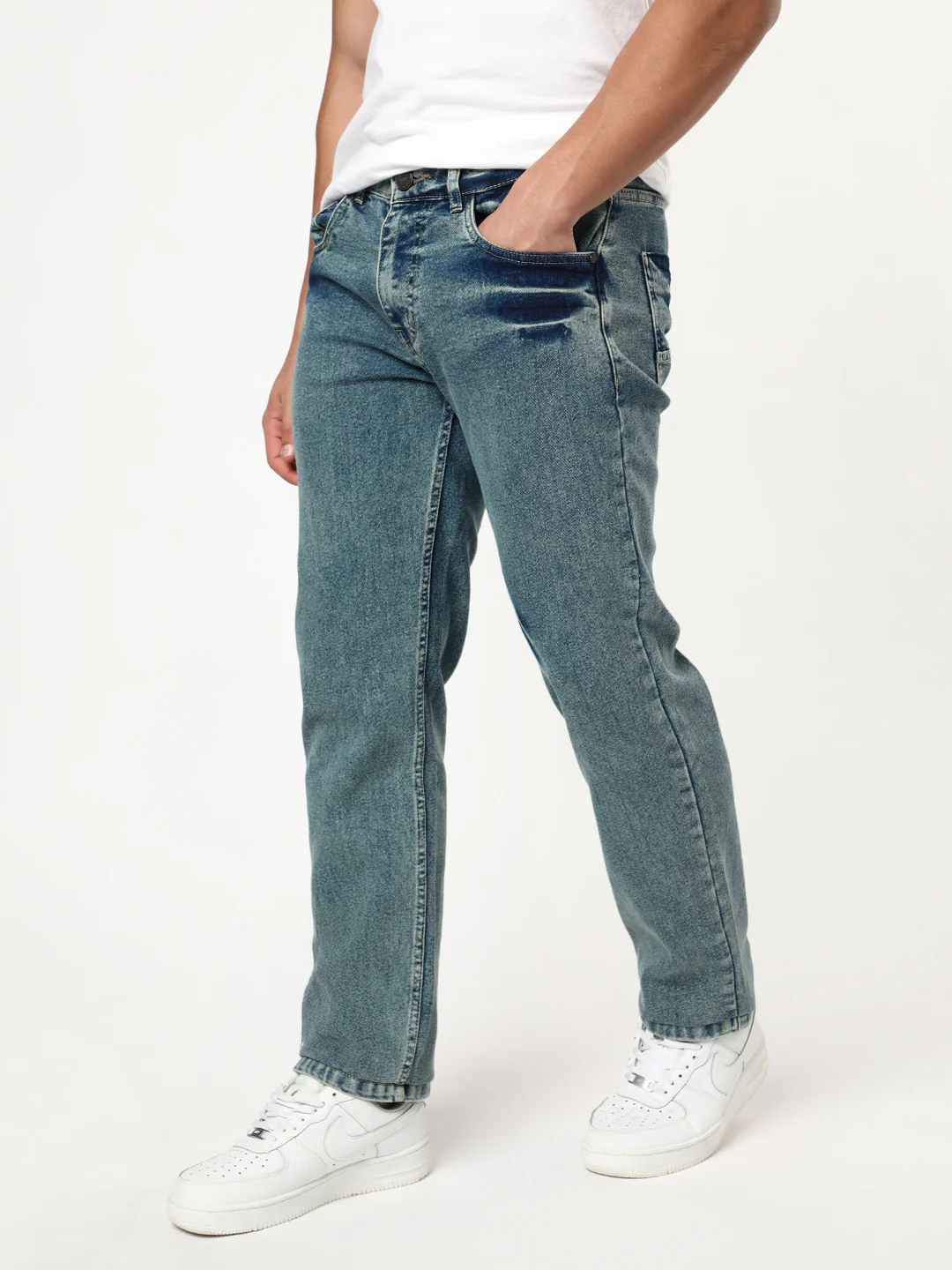 Men's Ice Blue Regular Fit Acid Washed Denim Jeans Stretchable - Image 2
