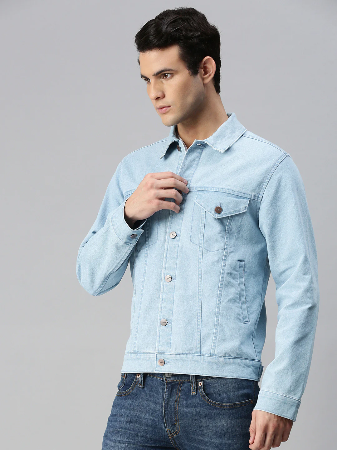 Men's Ice Blue Regular Fit Washed Full Sleeve Denim Jacket - Image 3