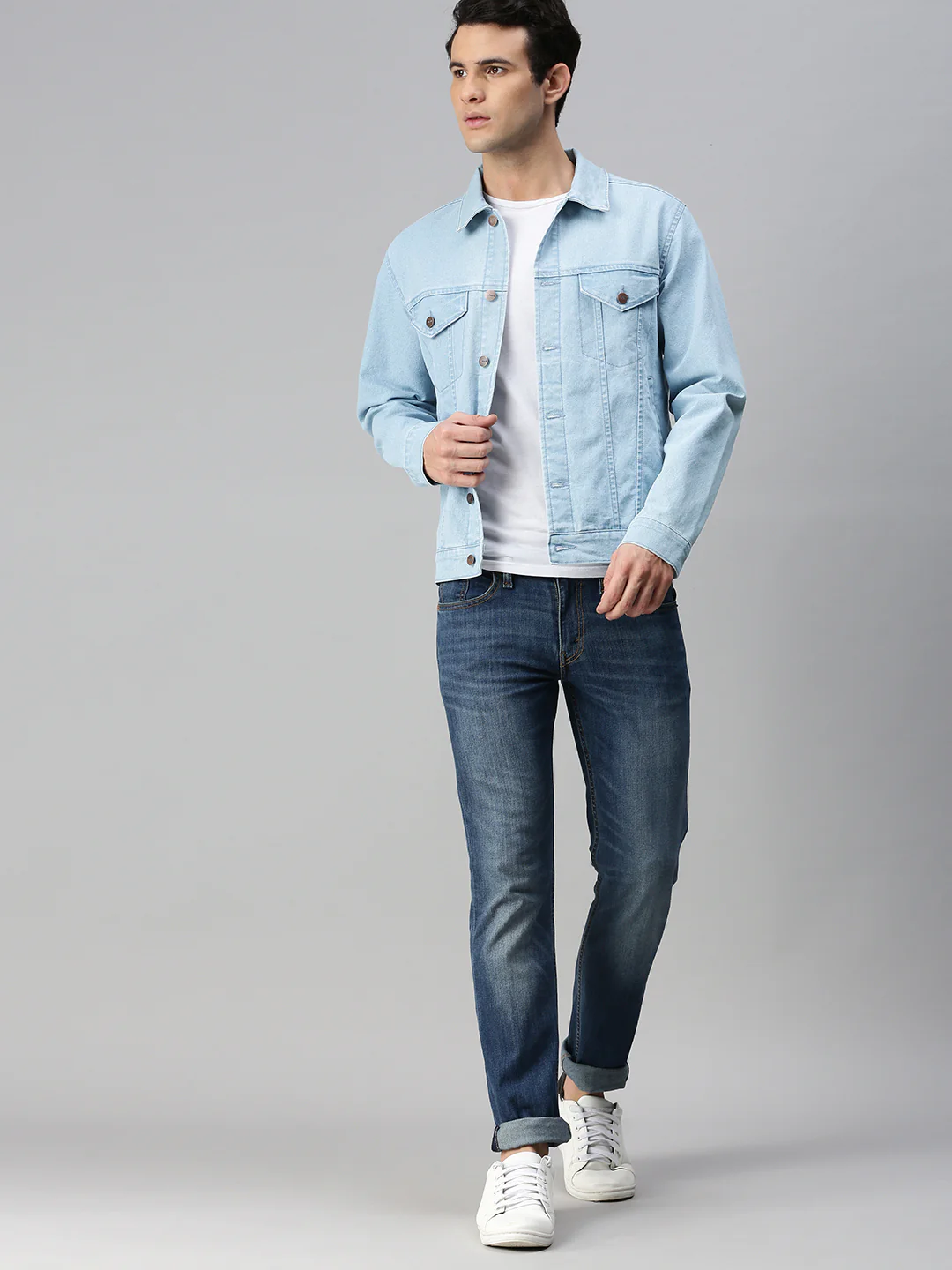 Men's Ice Blue Regular Fit Washed Full Sleeve Denim Jacket - Image 5