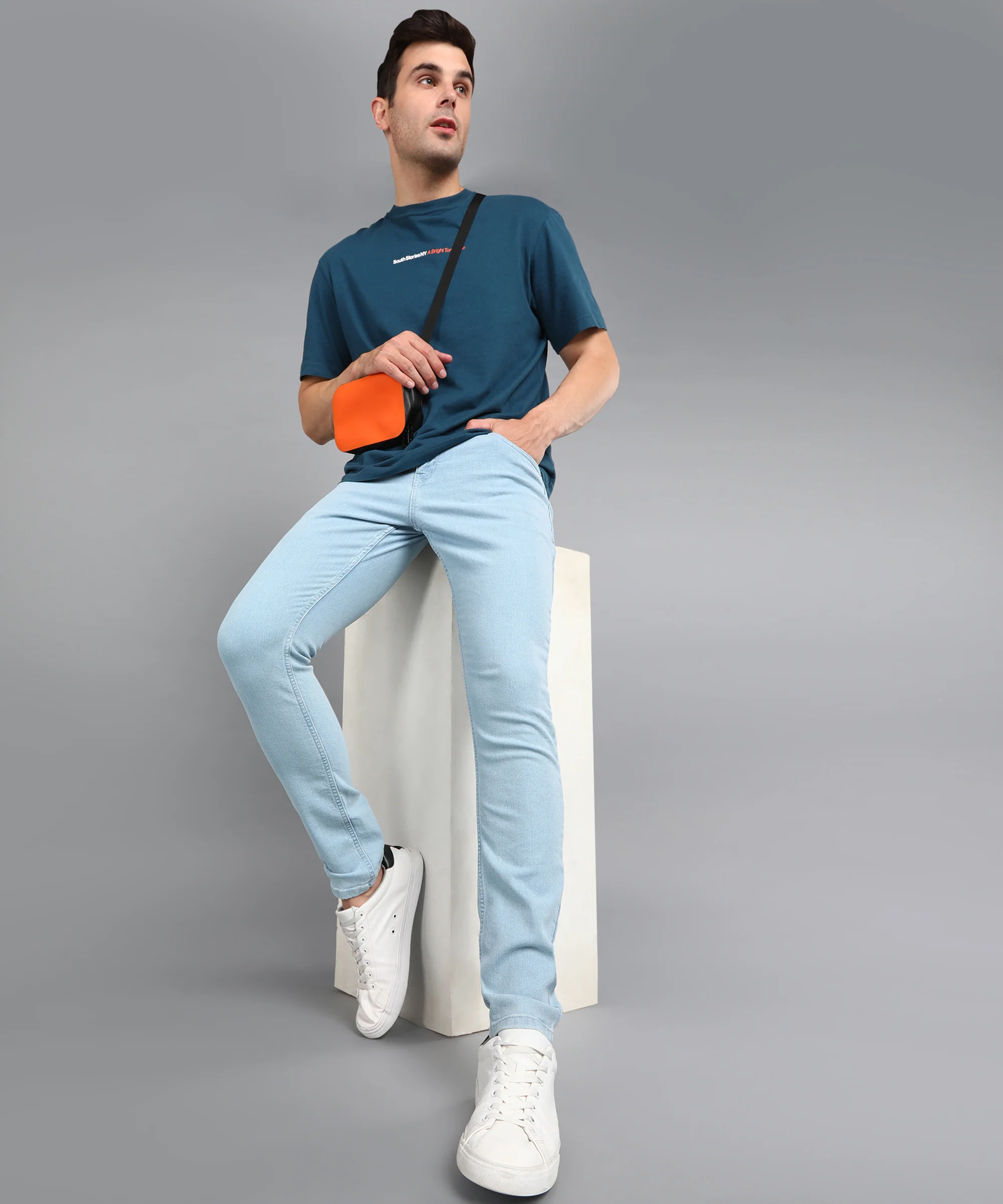 Men's Ice Blue Regular Fit Washed Jeans Stretchable - Image 4