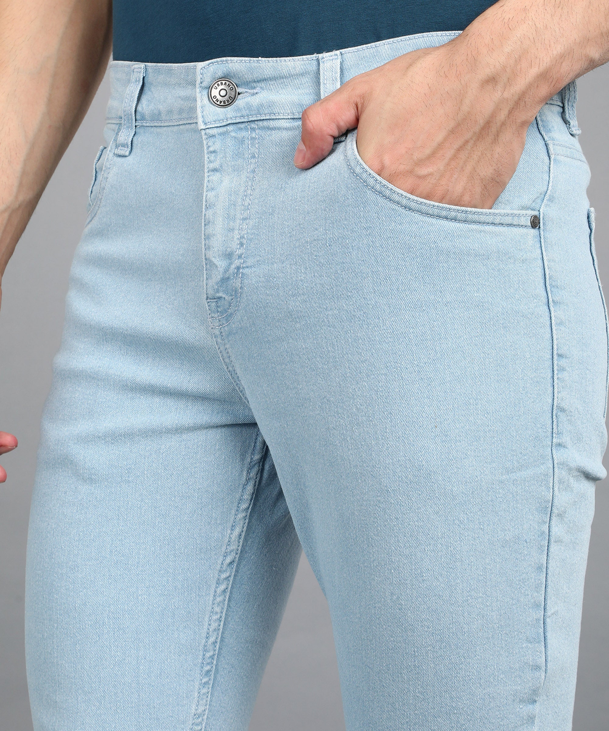 Men's Ice Blue Regular Fit Washed Jeans Stretchable - Image 5