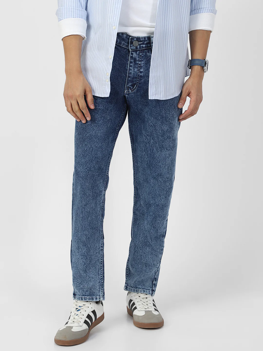 Men's Ice Blue Regular Fit Washed Jeans Stretchable - Image 2