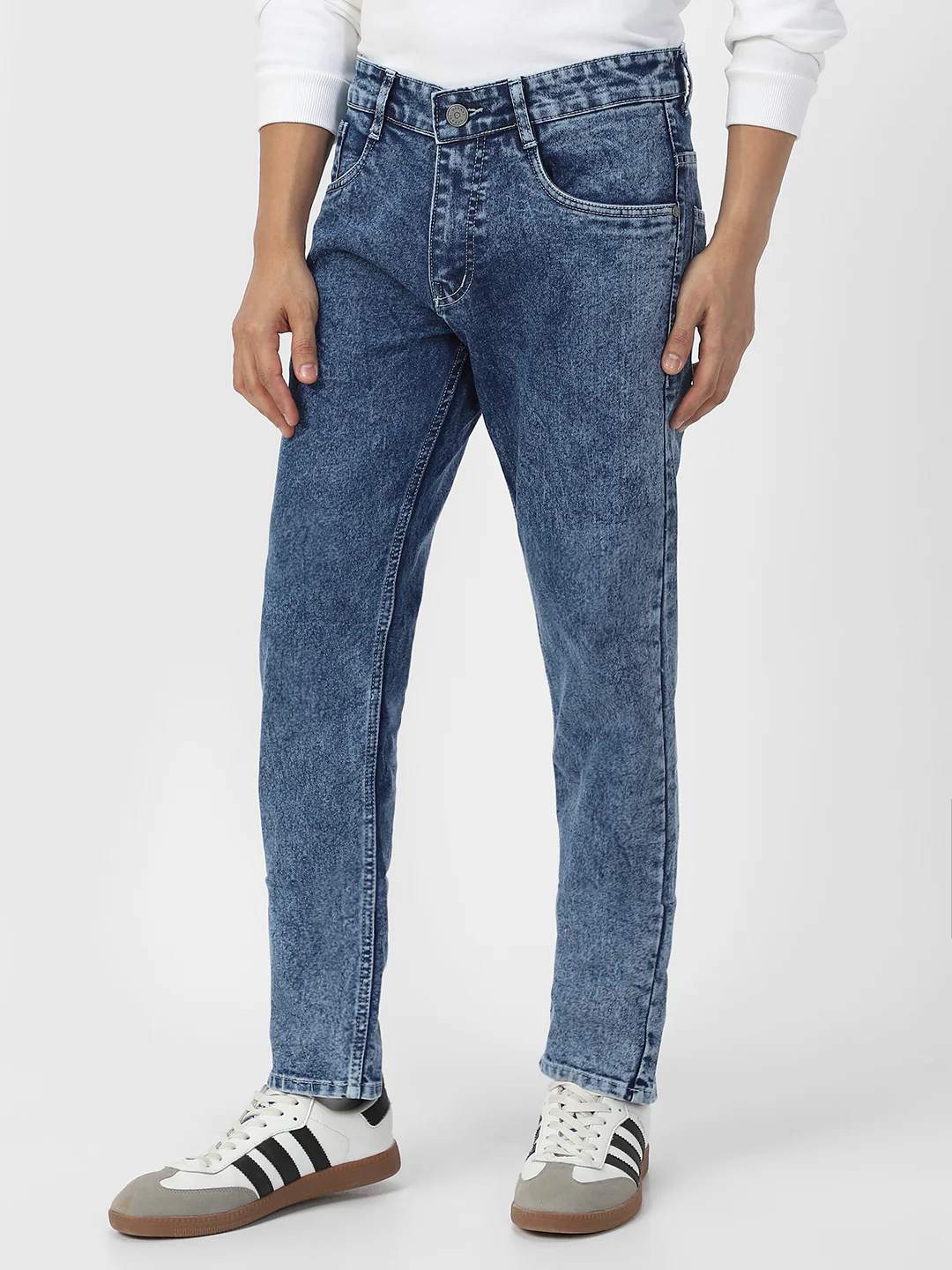 Men's Ice Blue Regular Fit Washed Jeans Stretchable - Image 3