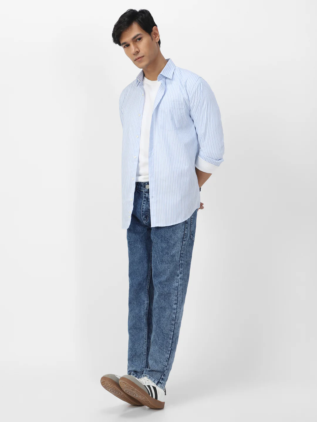 Men's Ice Blue Regular Fit Washed Jeans Stretchable - Image 5