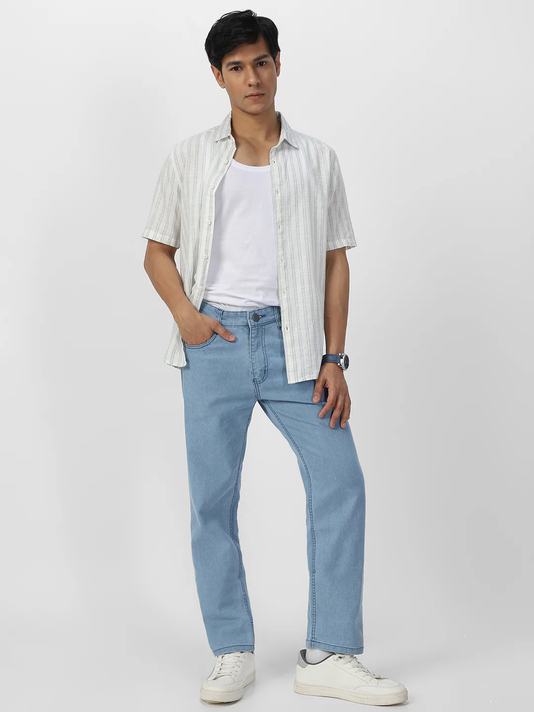 Men's Ice Blue Regular Fit Washed Jeans Stretchable - Image 5