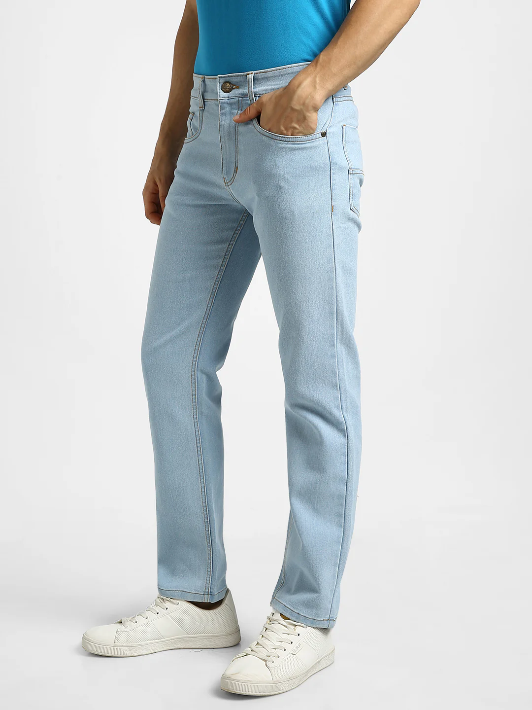 Men's Ice Blue Regular Fit Washed Jeans Stretchable - Image 2