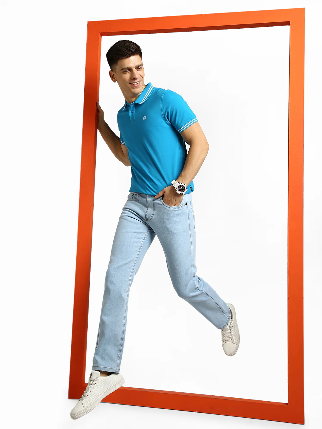 Men's Ice Blue Regular Fit Washed Jeans Stretchable - Image 4