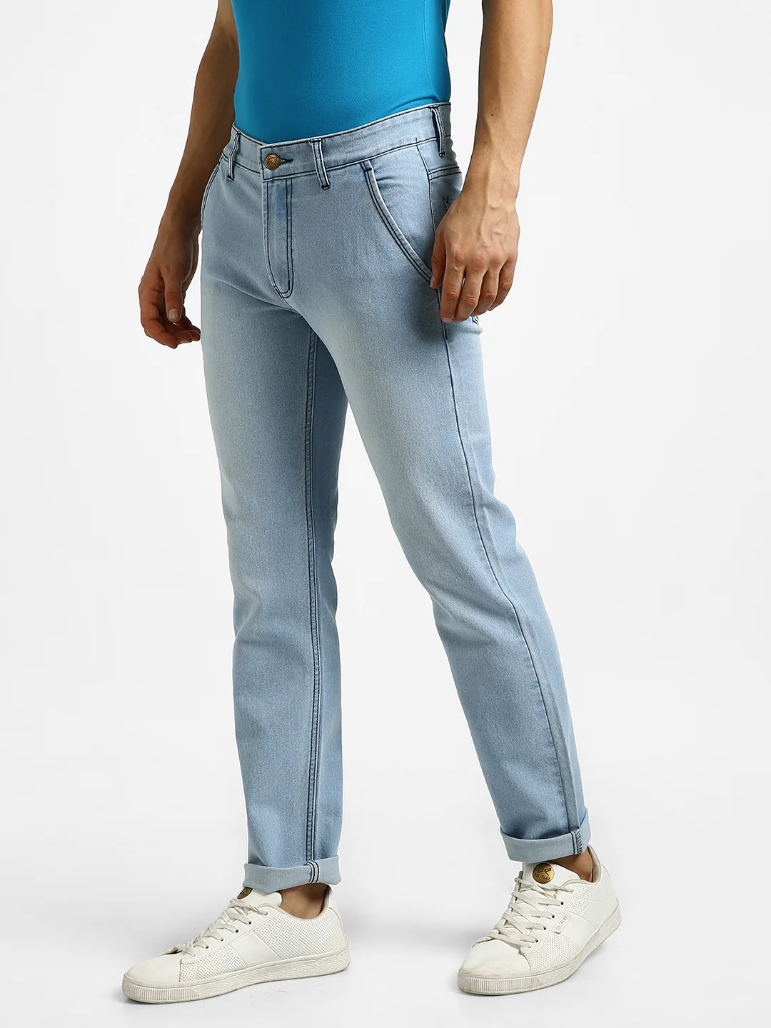 Men's Ice Blue Regular Fit Washed Jeans Stretchable - Image 2