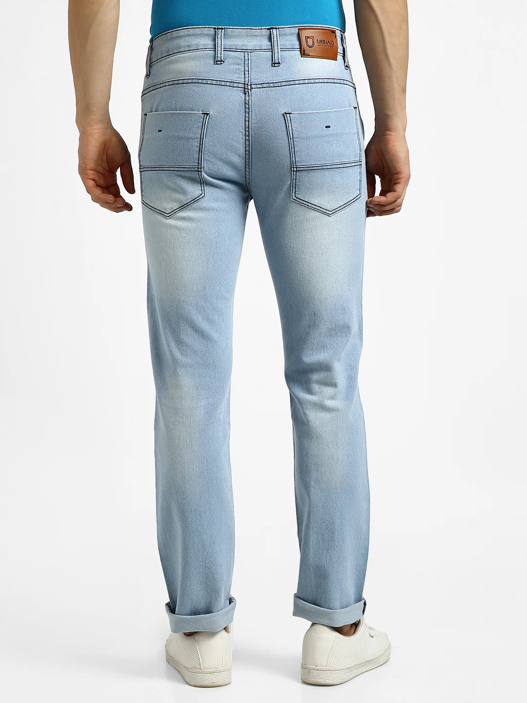 Men's Ice Blue Regular Fit Washed Jeans Stretchable - Image 3