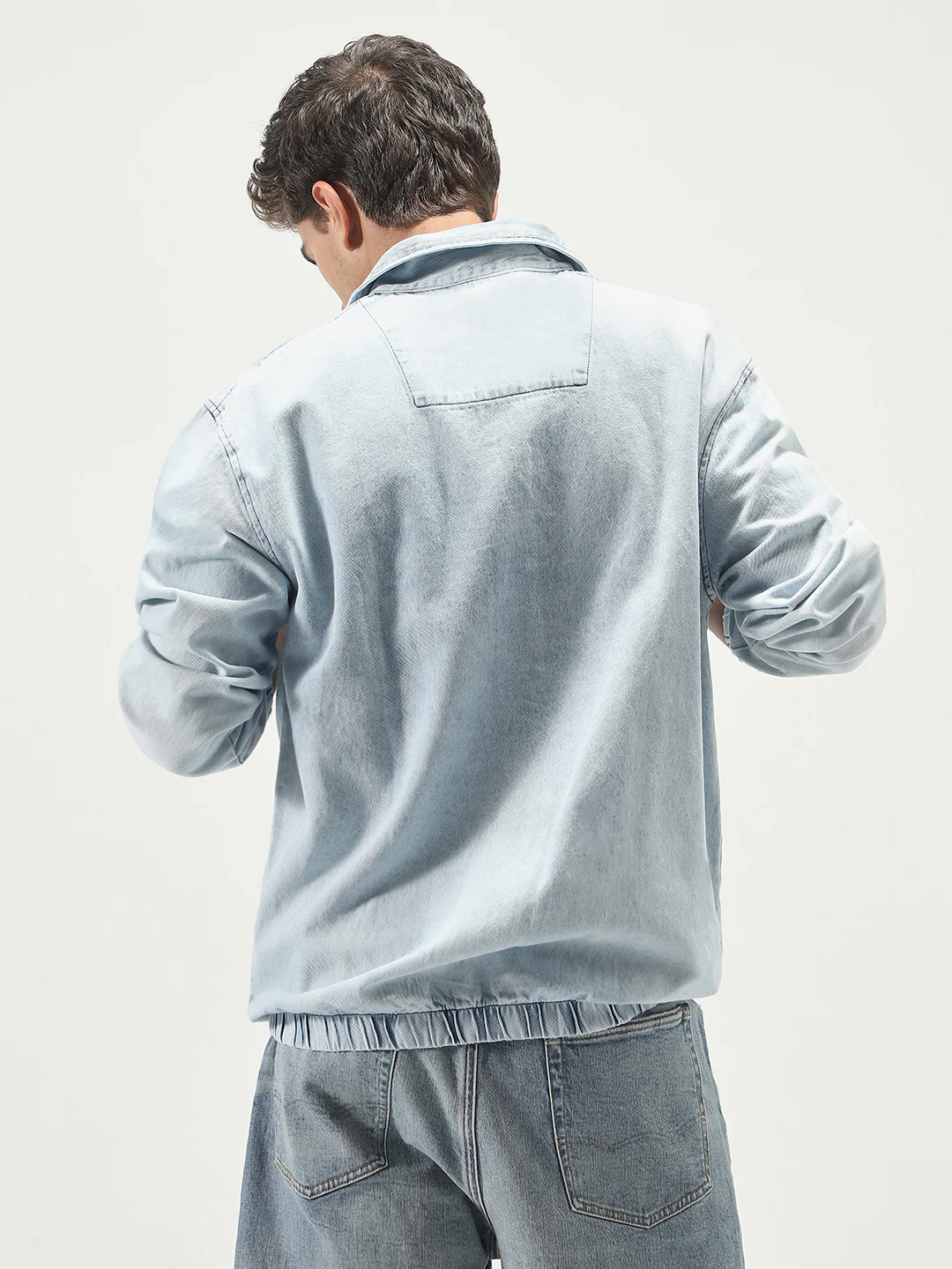 Men's Ice Blue Relaxed Fit Full Sleeve Harrington Denim Jacket - Image 3