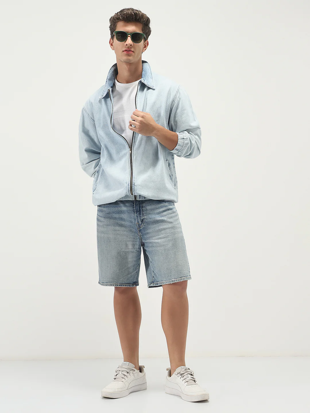Men's Ice Blue Relaxed Fit Full Sleeve Harrington Denim Jacket - Image 4