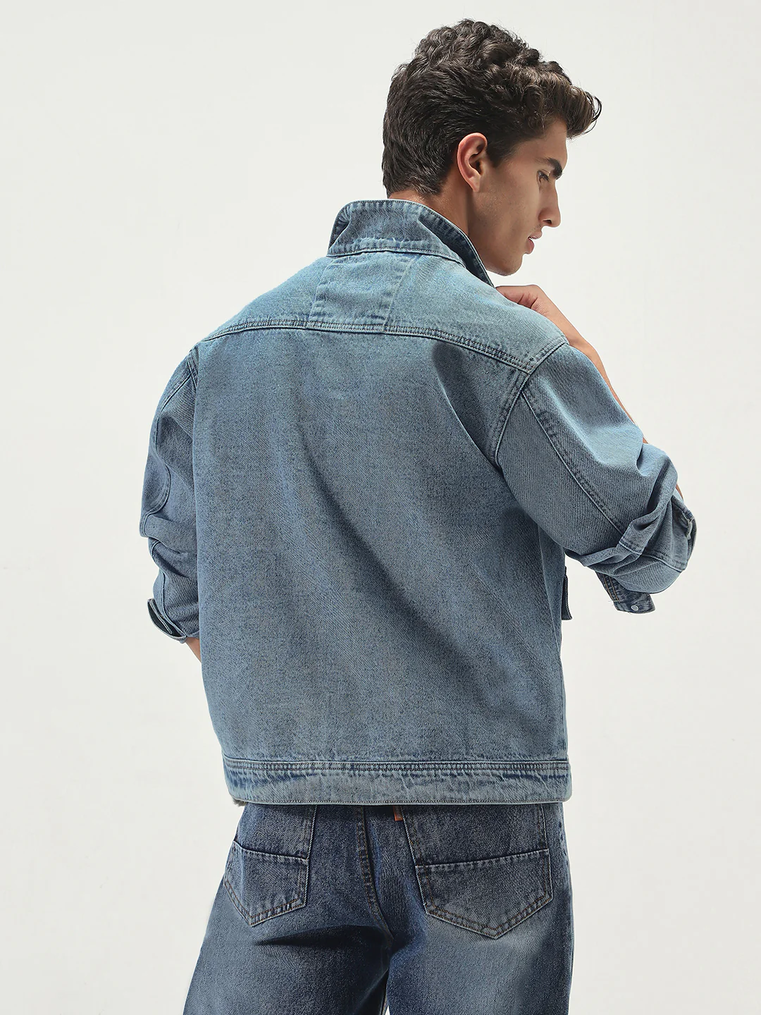 Men's Ice Blue Relaxed Fit Full Sleeve Utility Denim Jacket - Image 3