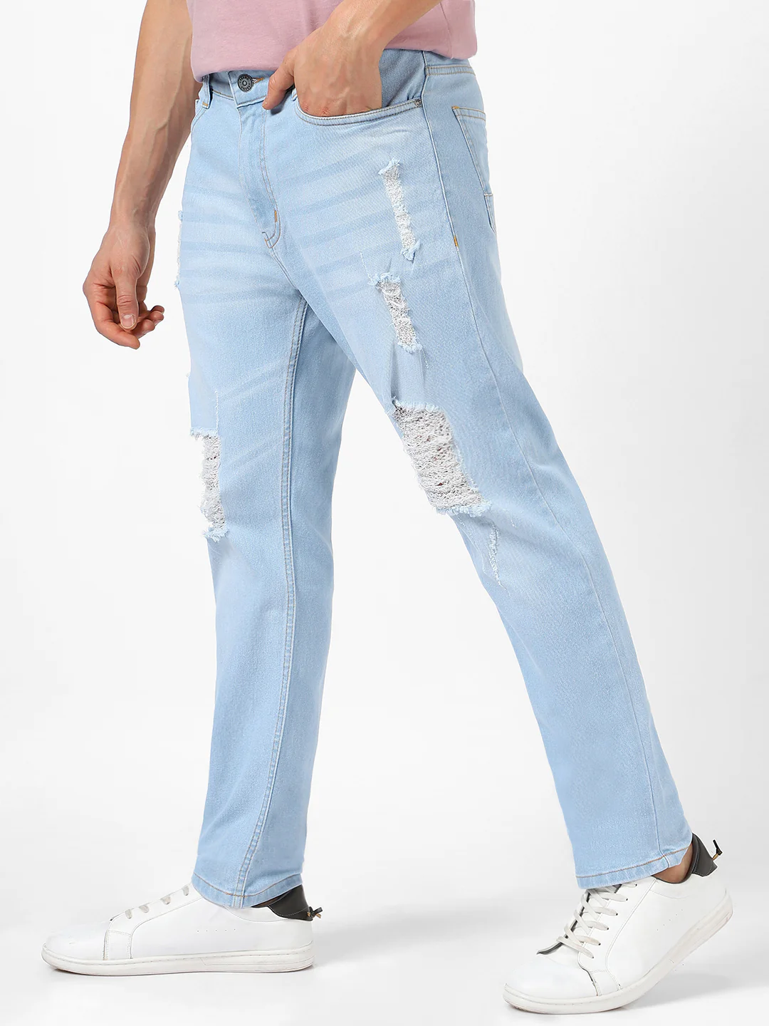 Men's Ice Blue Slim Fit Heavy Distressed/Torn Jeans - Image 2