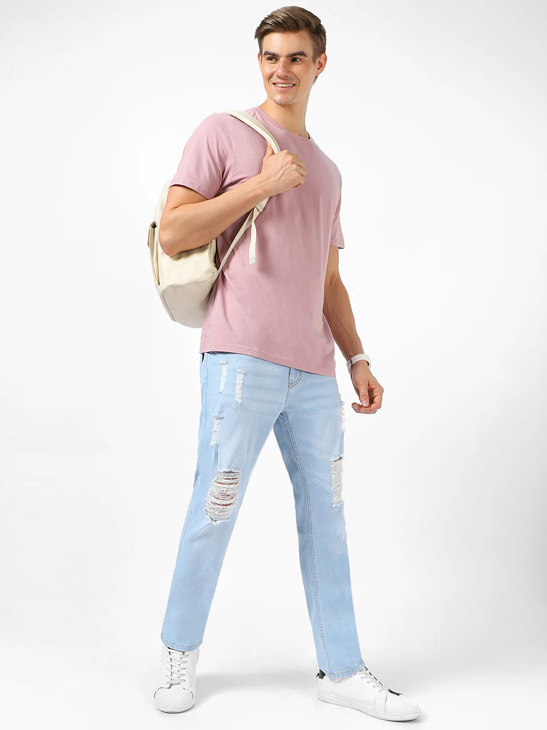Men's Ice Blue Slim Fit Heavy Distressed/Torn Jeans - Image 4