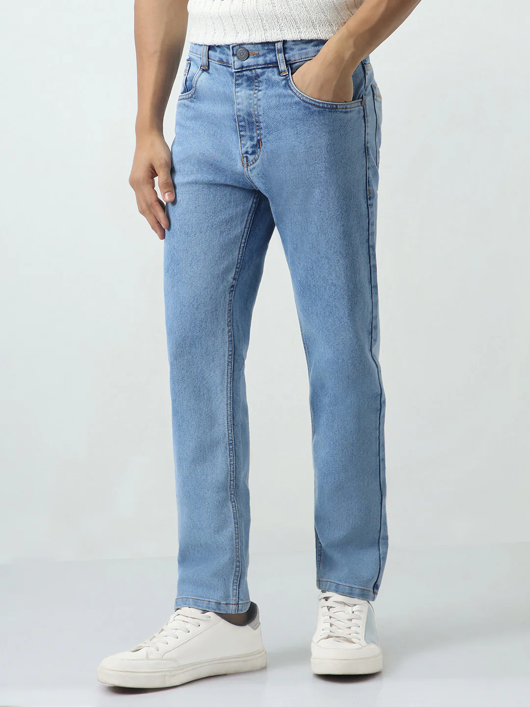 Men's Ice Blue Slim Fit Washed Denim Jeans Stretchable - Image 2