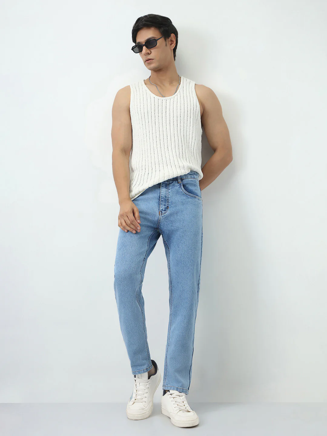 Men's Ice Blue Slim Fit Washed Denim Jeans Stretchable - Image 4