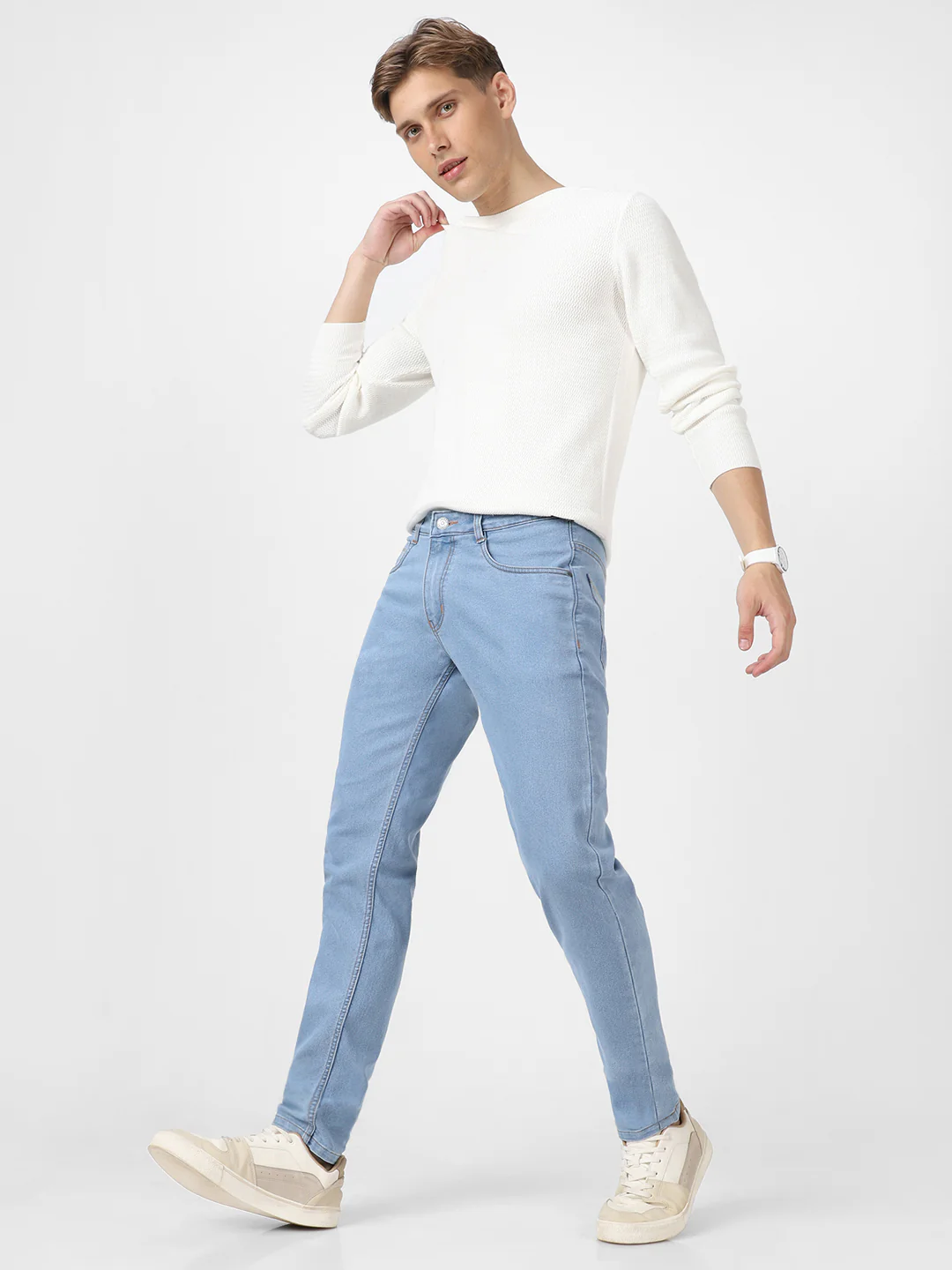 Men's Ice Blue Slim Fit Washed Jeans Stretchable - Image 4