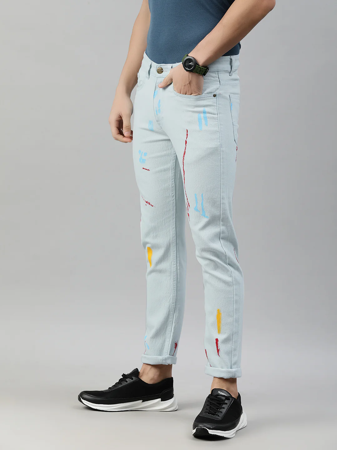 Men's Ice Blue Slim Fit Washed Splatter Printed Jeans Stretchable - Image 2