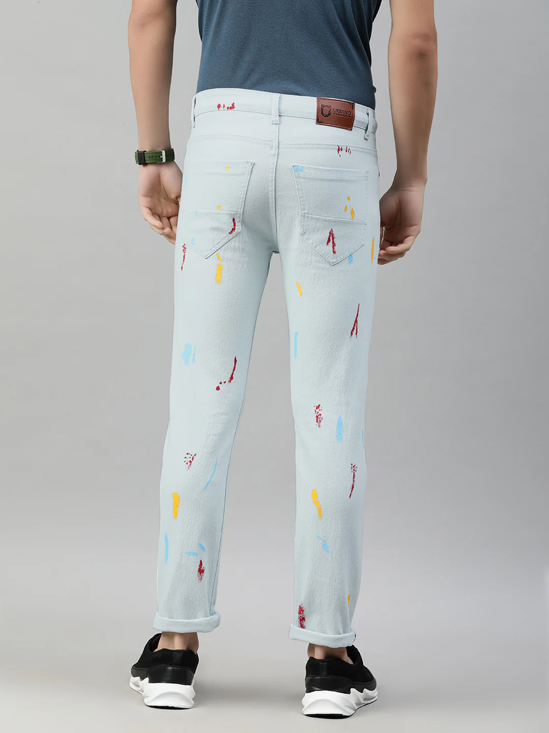 Men's Ice Blue Slim Fit Washed Splatter Printed Jeans Stretchable - Image 3