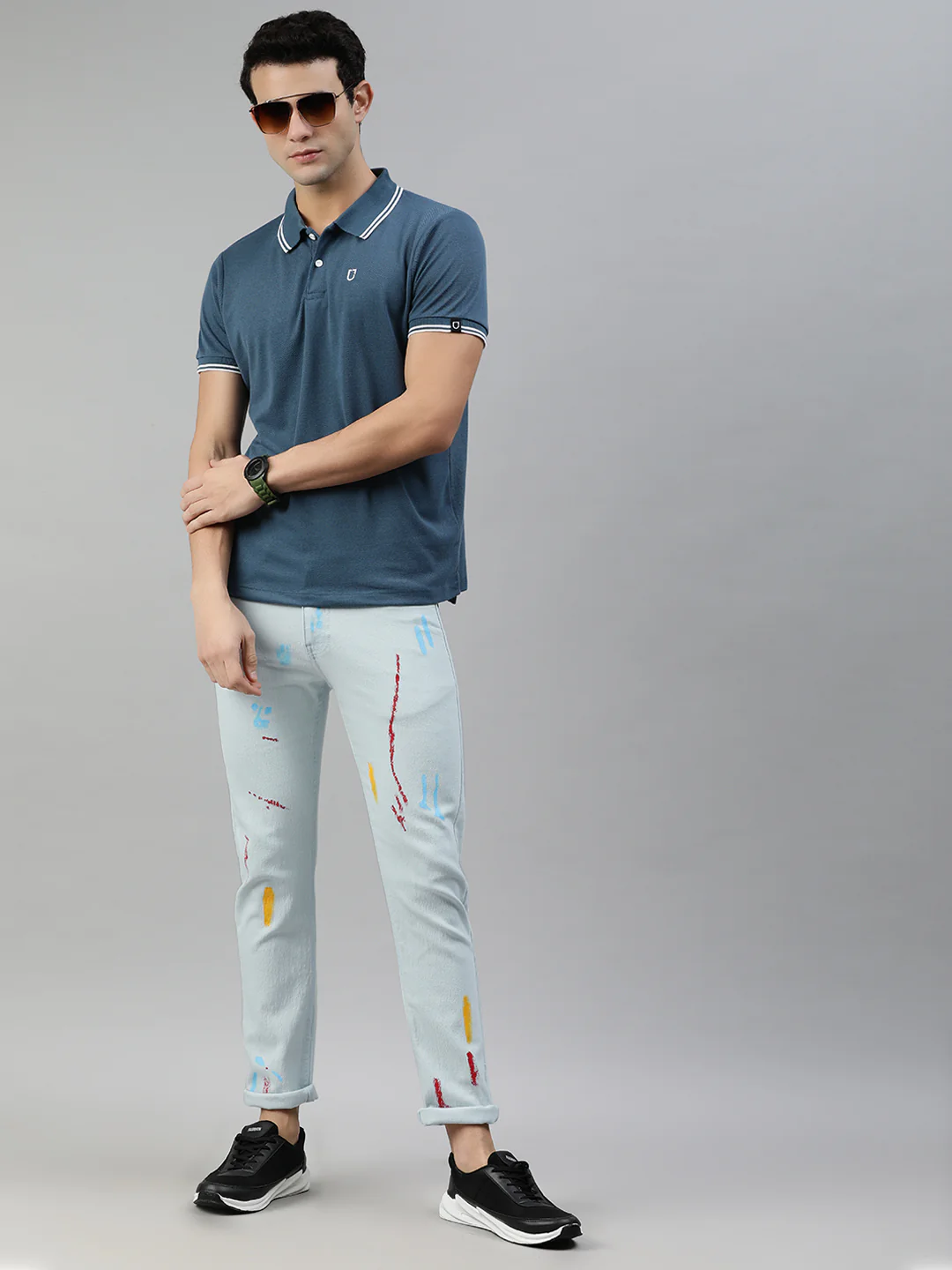 Men's Ice Blue Slim Fit Washed Splatter Printed Jeans Stretchable - Image 4