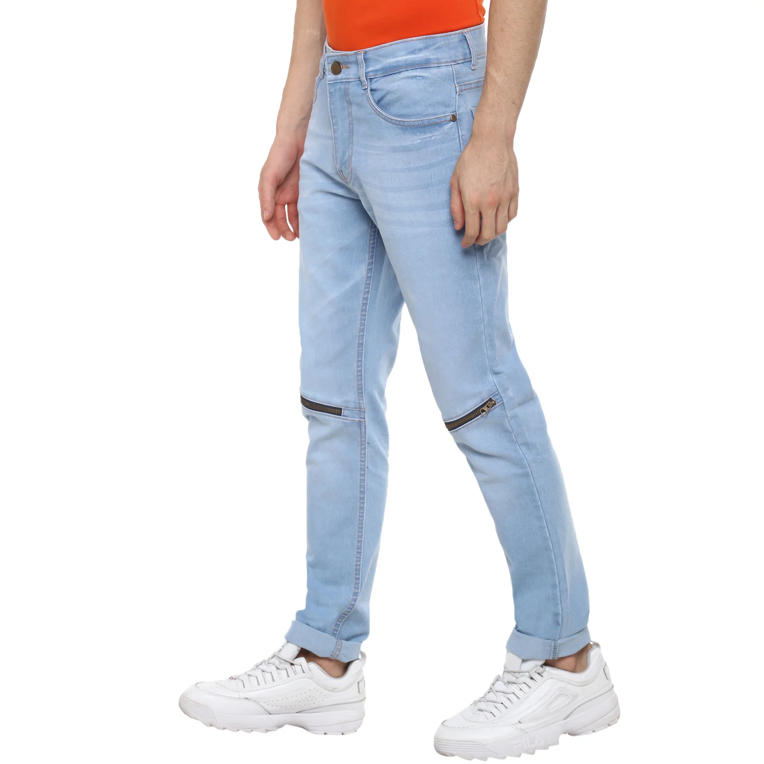 Men's Ice Blue Slim Fit Zippered Jeans Stretch - Image 2