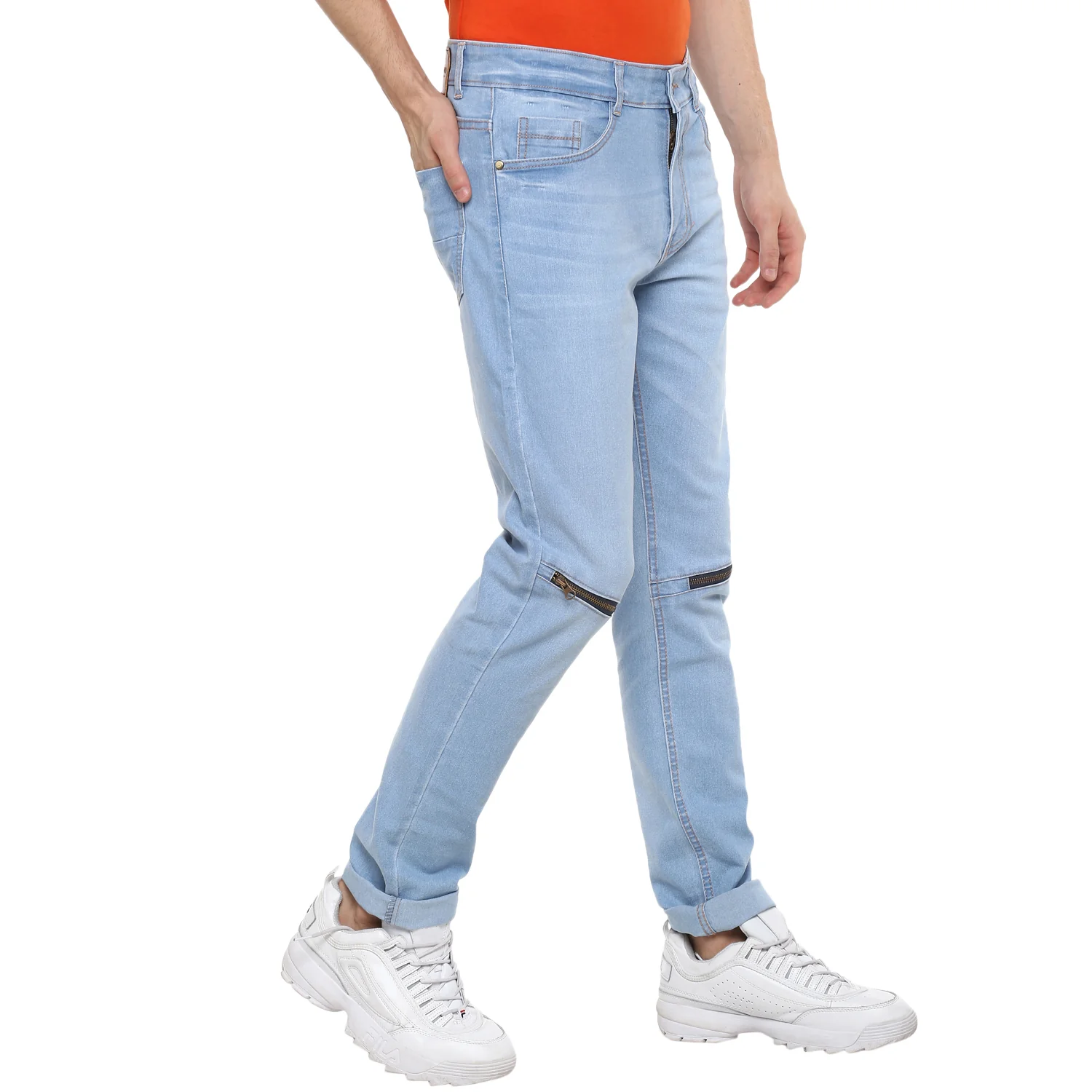 Men's Ice Blue Slim Fit Zippered Jeans Stretch - Image 3