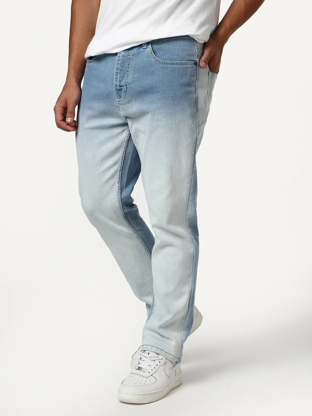 Men's Ice Blue Straight Fit Heavy Washed Faded Denim Jeans Stretchable - Image 2