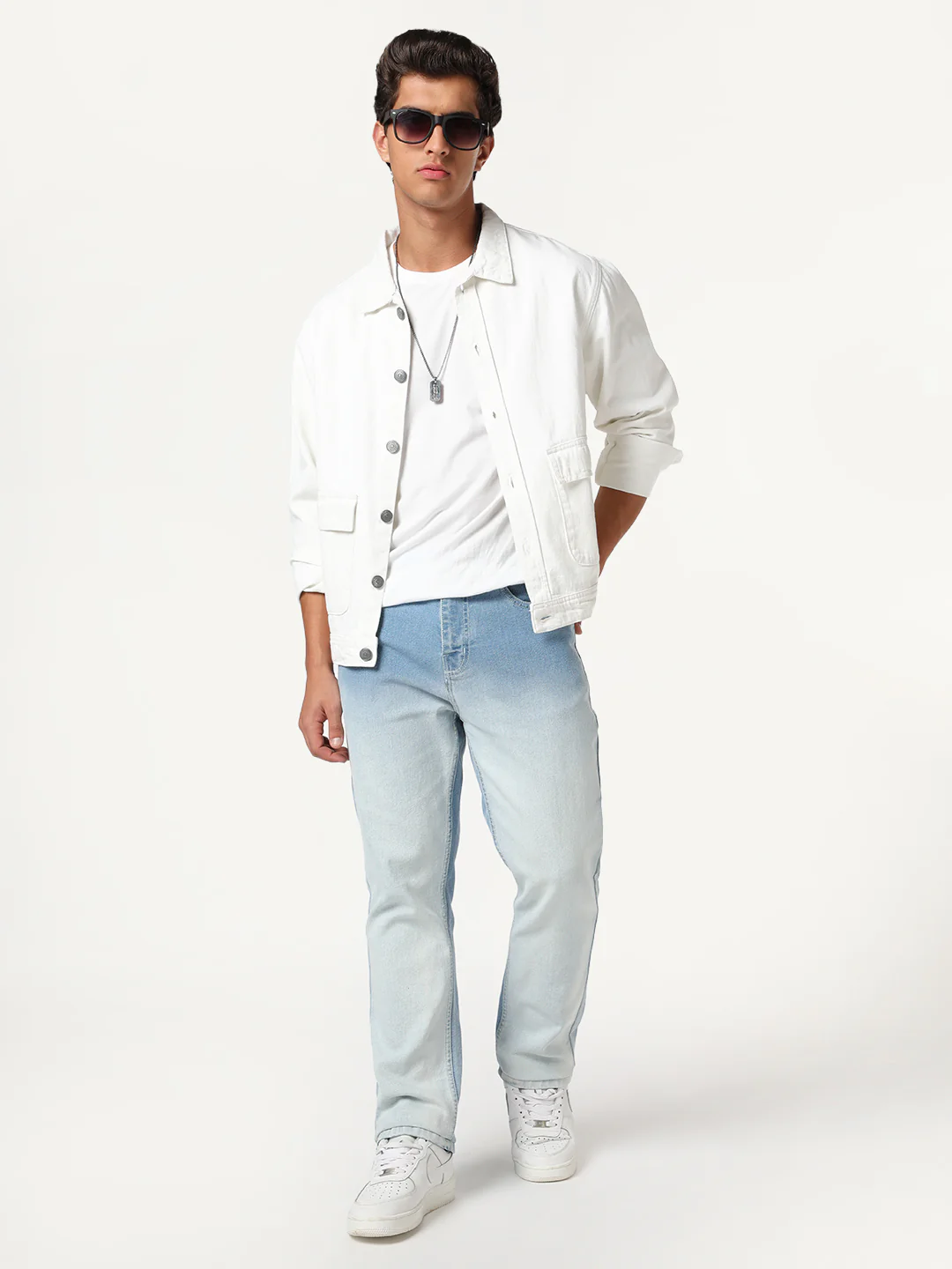 Men's Ice Blue Straight Fit Heavy Washed Faded Denim Jeans Stretchable - Image 4