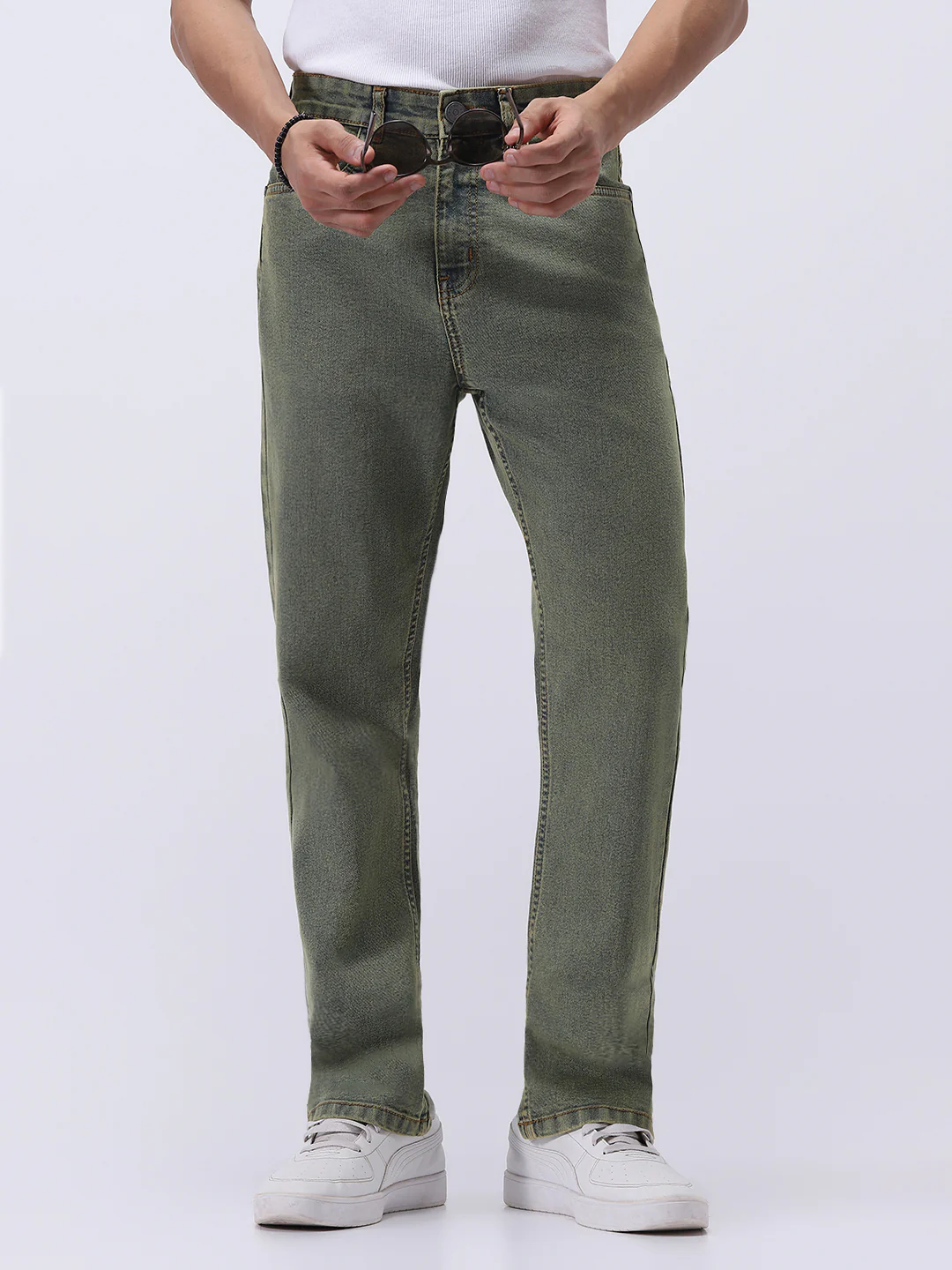 Men's Ice Blue Straight Fit Heavy Washed Jeans Stretchable