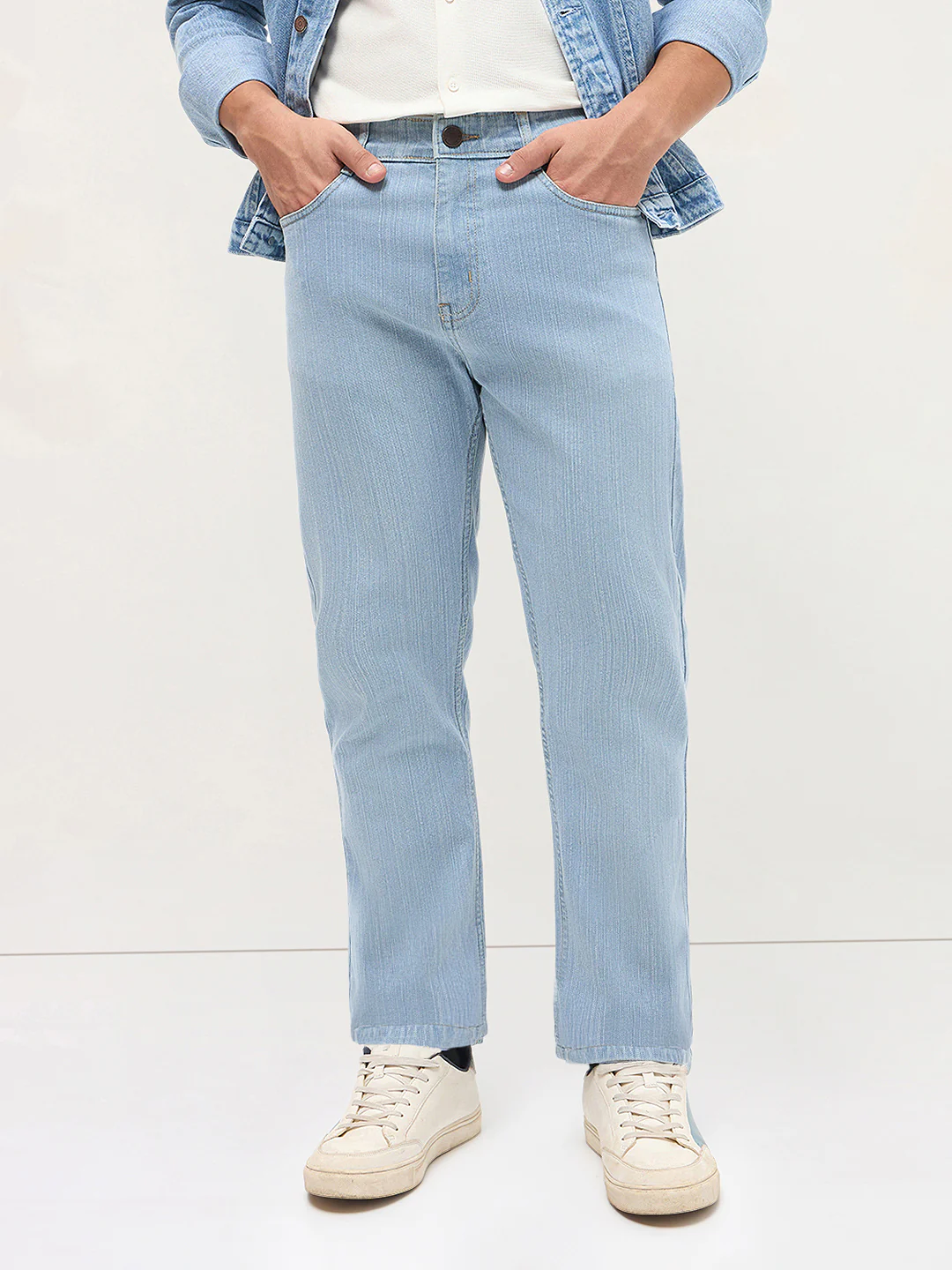 Men's Ice Blue Straight Fit Washed Denim Jeans Stretchable - Image 2