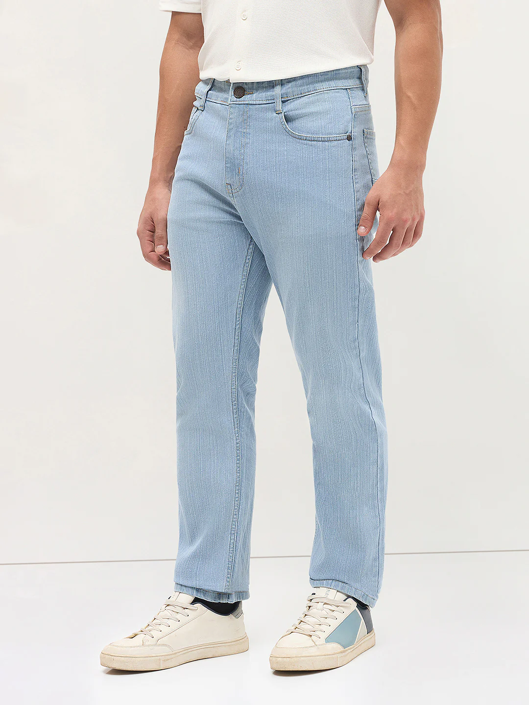 Men's Ice Blue Straight Fit Washed Denim Jeans Stretchable - Image 3