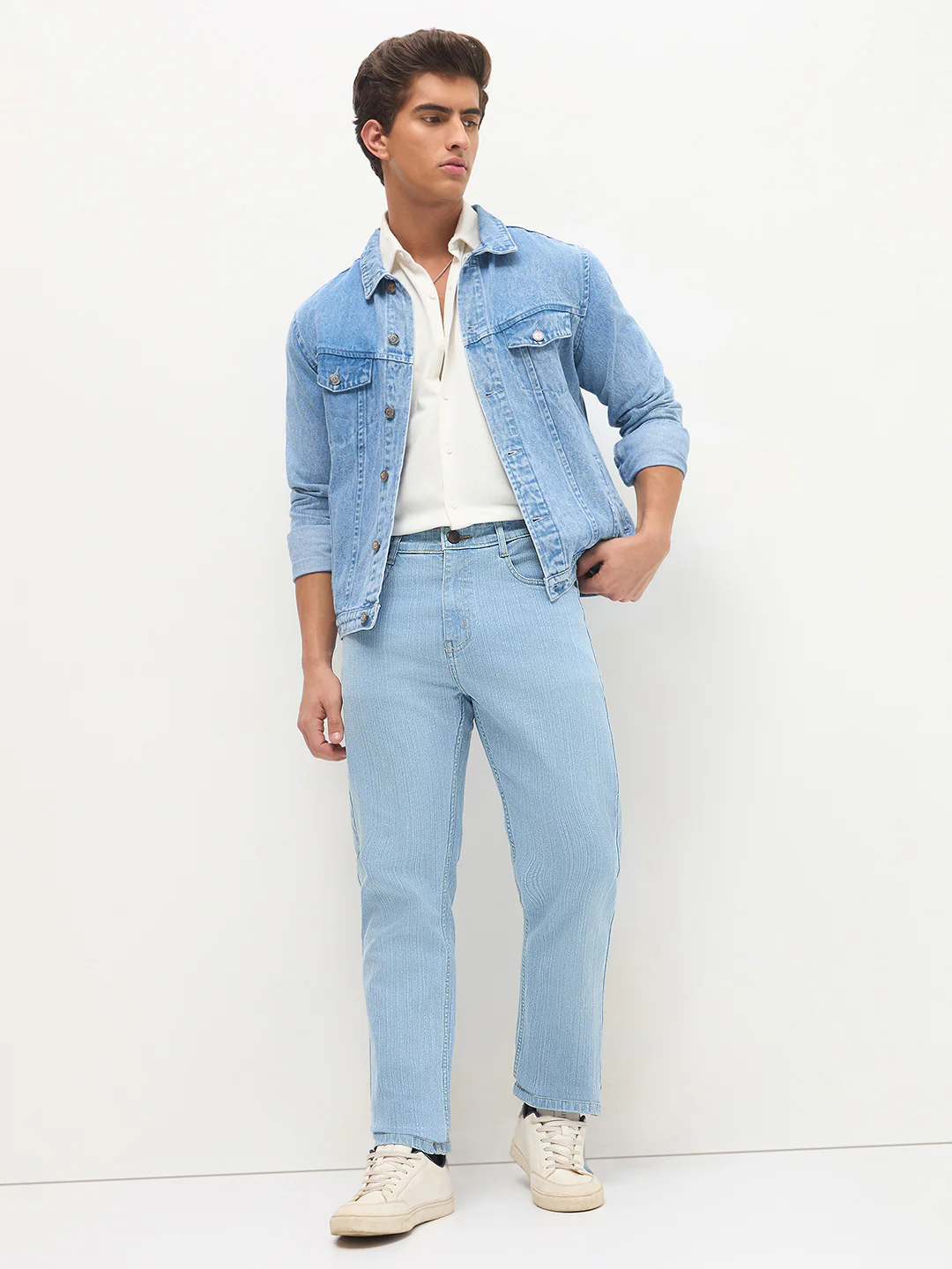 Men's Ice Blue Straight Fit Washed Denim Jeans Stretchable - Image 5