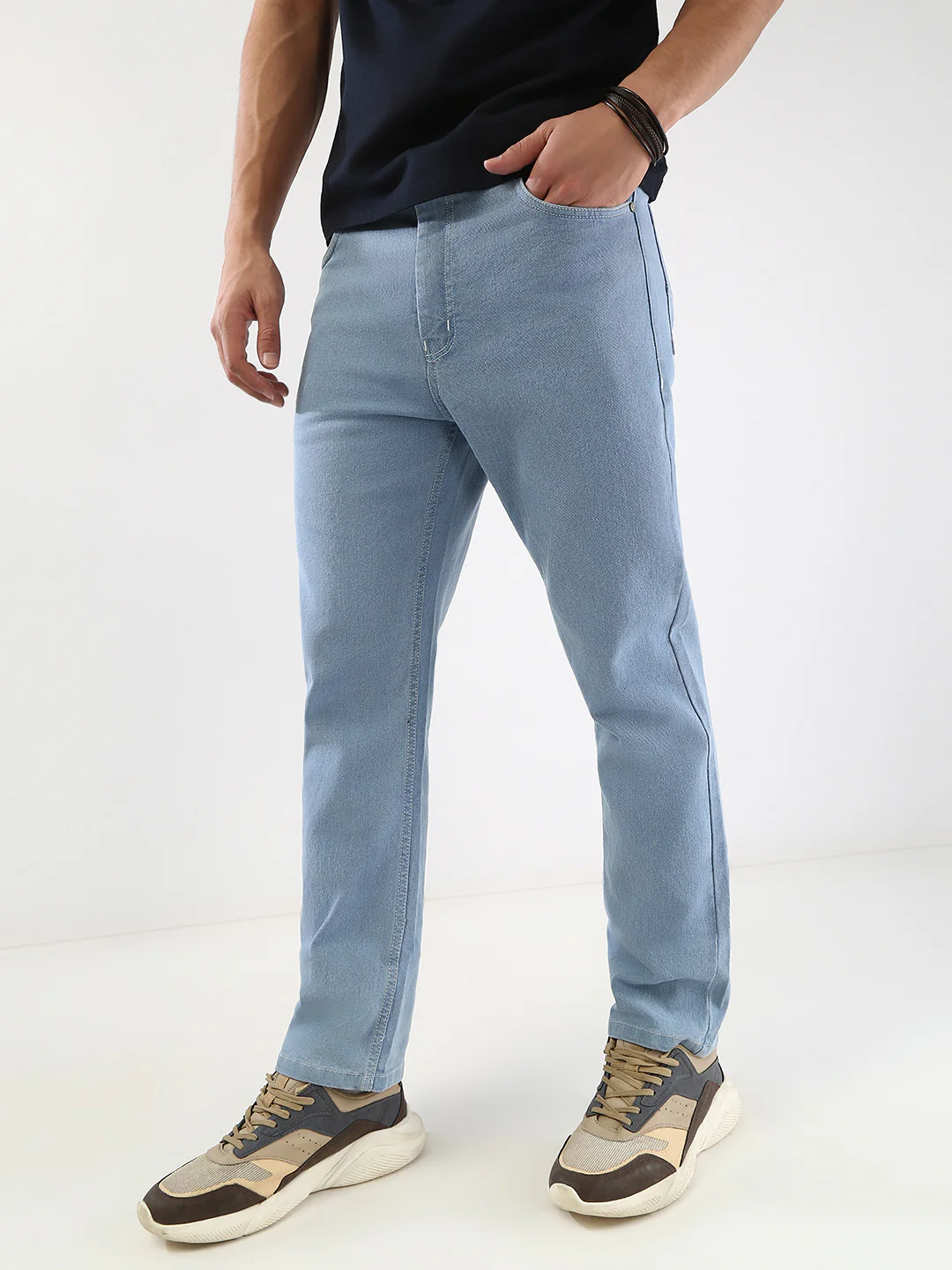 Men's Ice Blue Straight Fit Washed Jeans Stretchable - Image 2