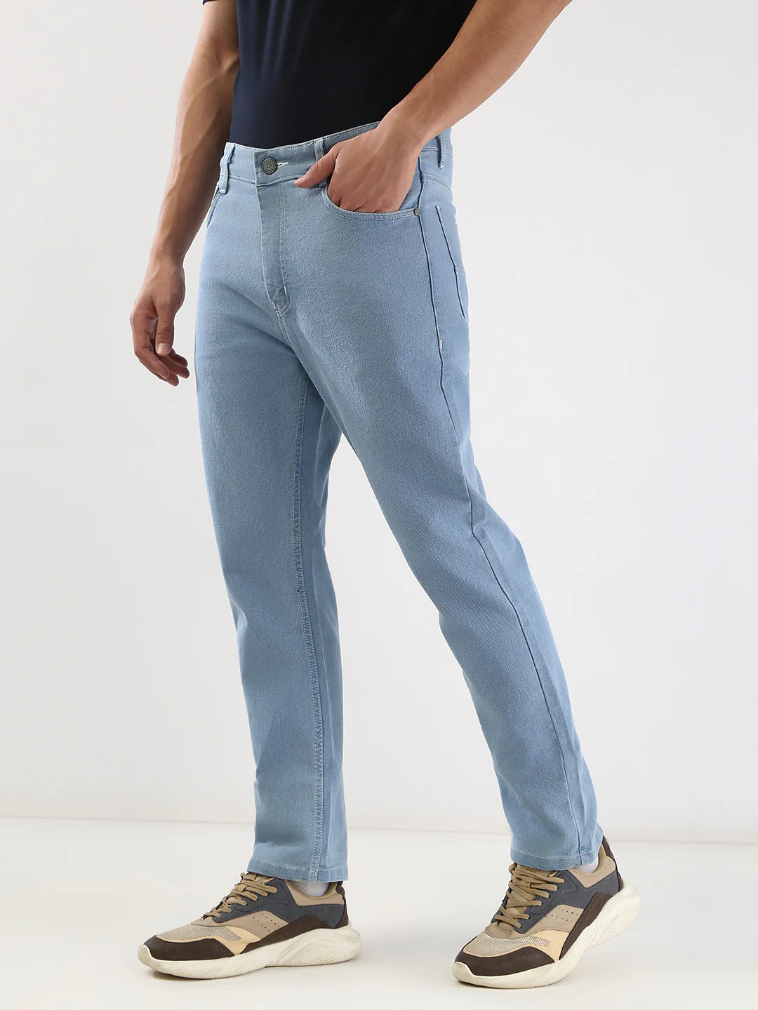 Men's Ice Blue Straight Fit Washed Jeans Stretchable - Image 3