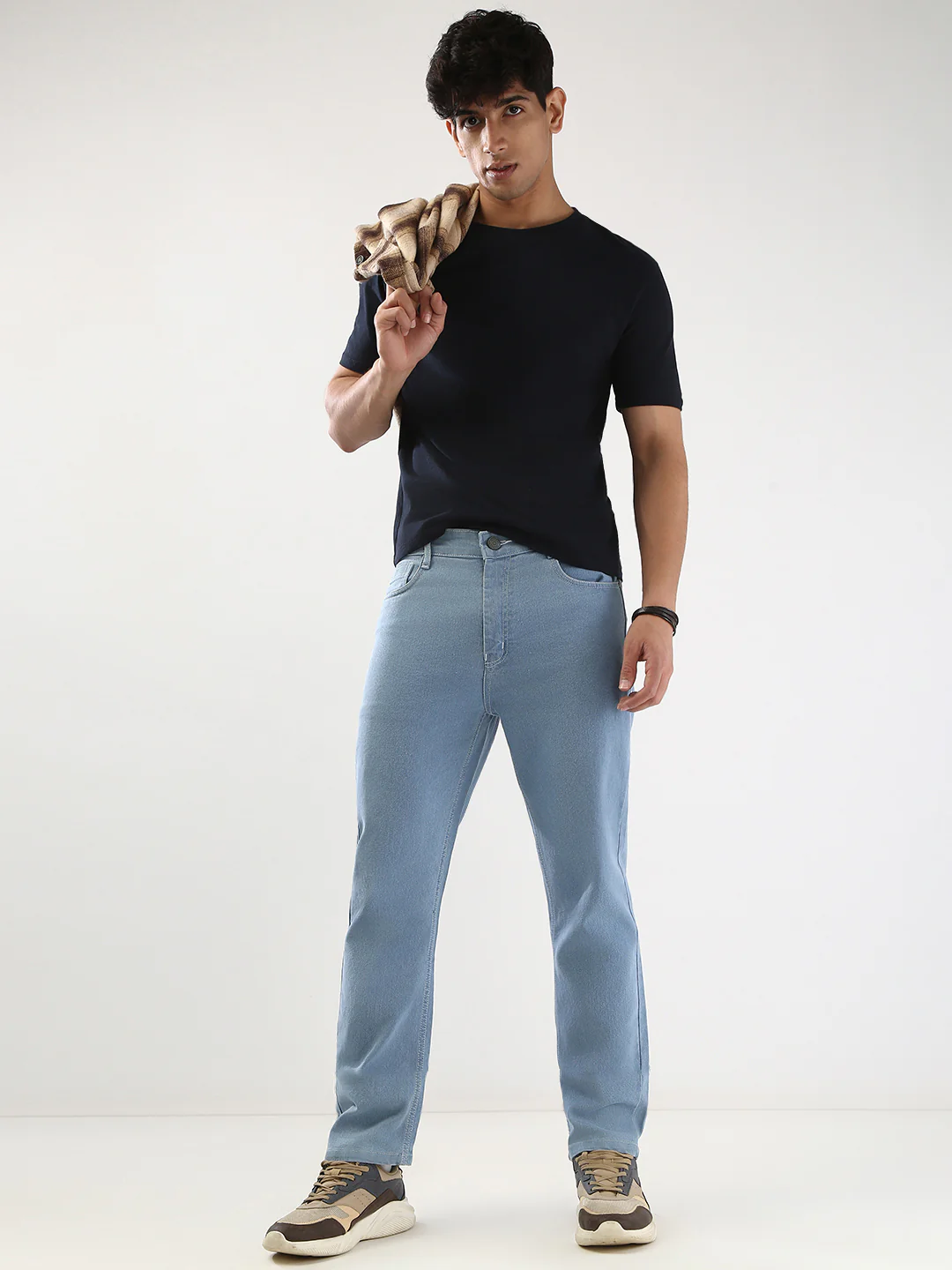 Men's Ice Blue Straight Fit Washed Jeans Stretchable - Image 5