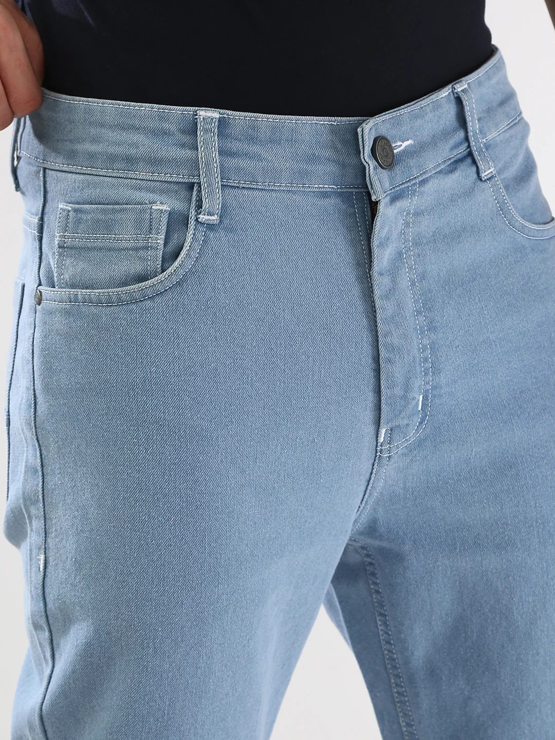Men's Ice Blue Straight Fit Washed Jeans Stretchable - Image 6