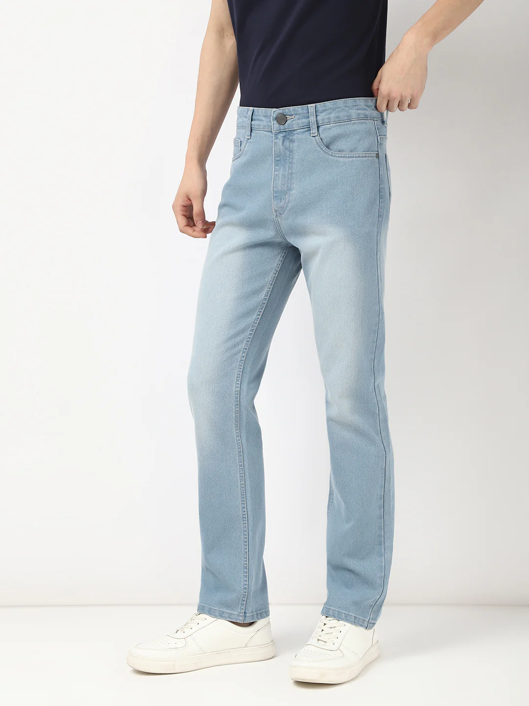 Men's Ice Blue Straight Fit Washed Jeans Stretchable - Image 3