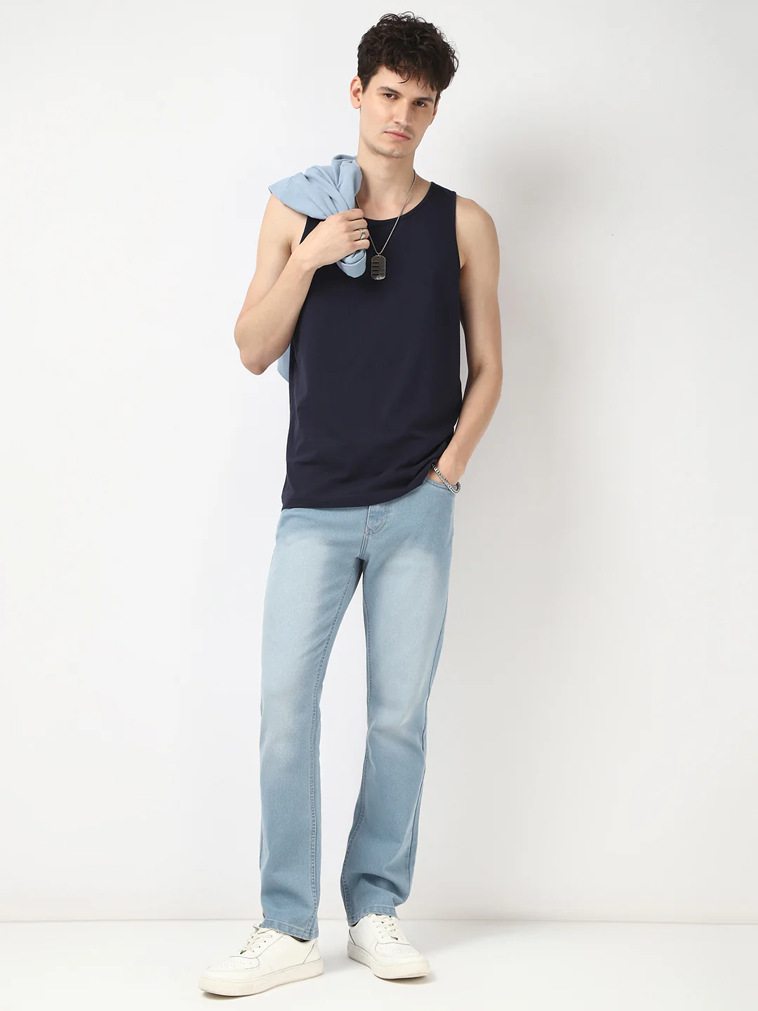 Men's Ice Blue Straight Fit Washed Jeans Stretchable - Image 5
